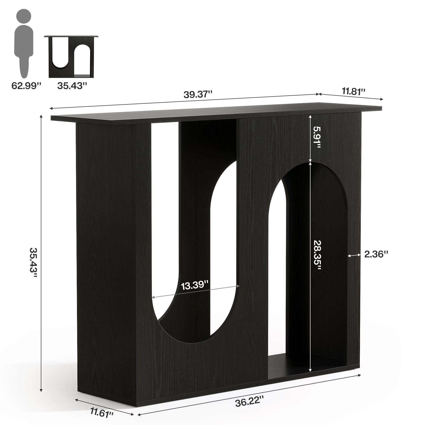 90 cm Zwarte Banktafel, Smalle Consoletafel met Gebogen Design voor Entree en Woonkamer