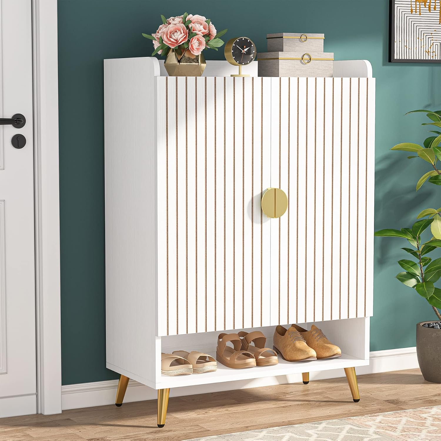 110 cm Schoenenkast, Witte Opbergmeubel met Zeven Planken en Gouden Frame