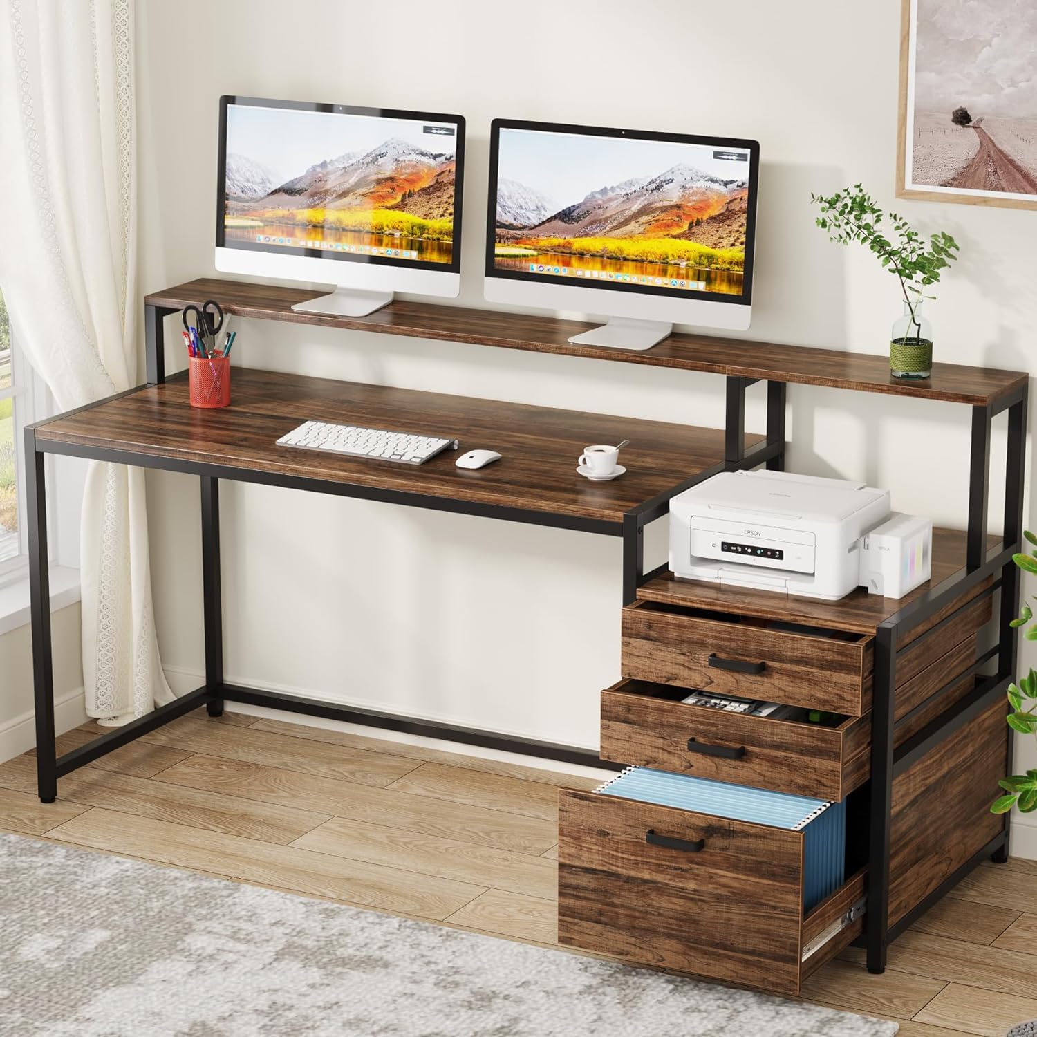 160 cm Kantoor Bureau, Industriële Computer Tafel met Monitor Stand en Printerruimte