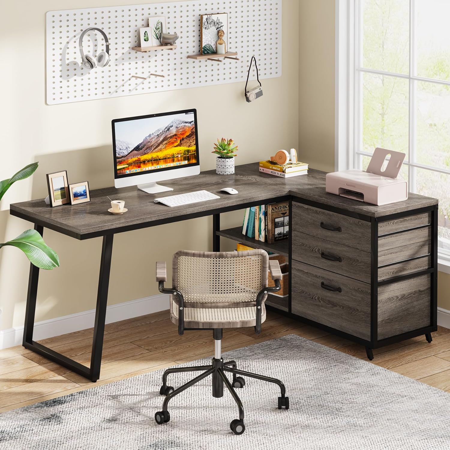 150 cm L-vormig Bureau, Met 4 Laden en 2 Planken voor Kantoor en Werkkamer