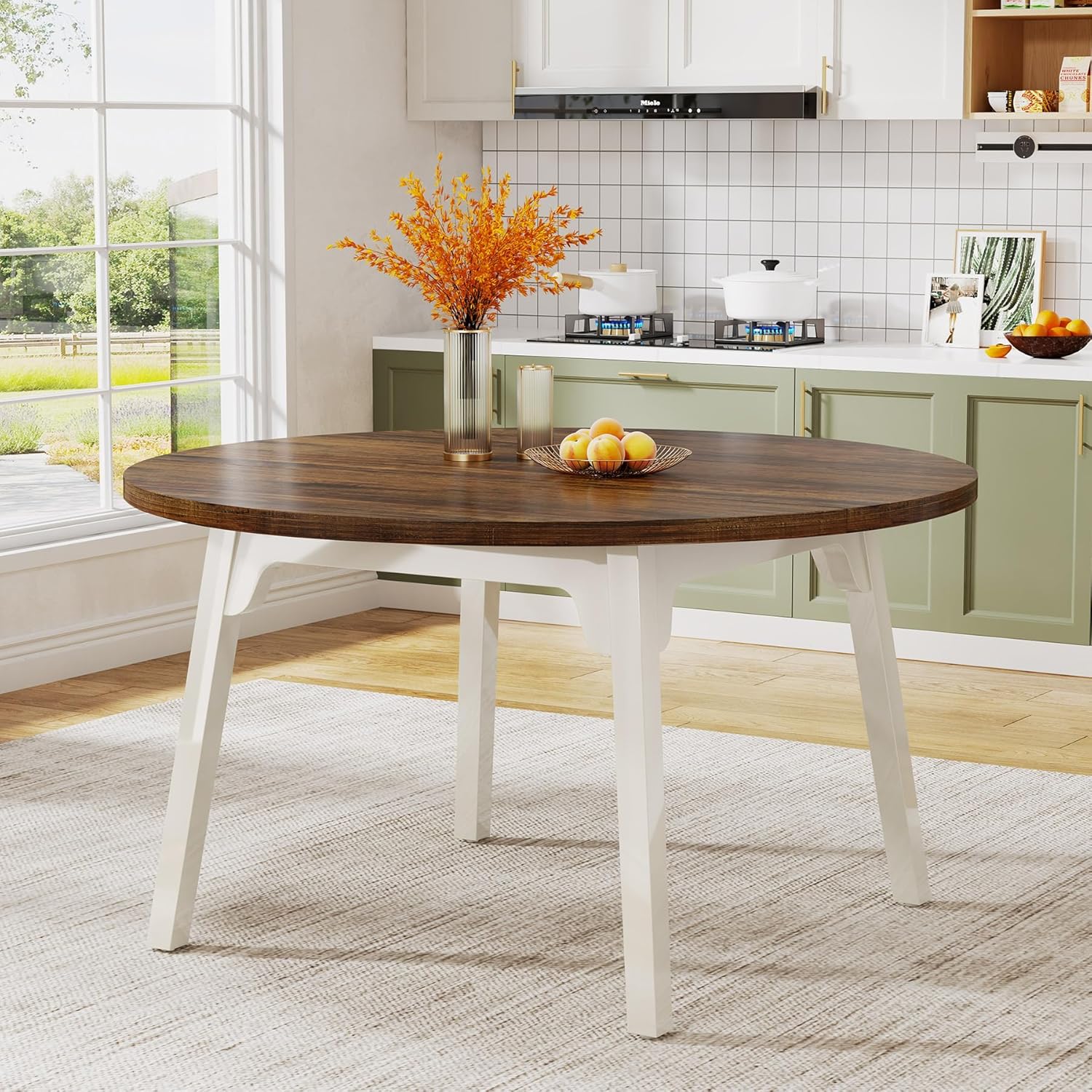 120 cm Ronde industriële eettafel voor 4-6 personen, Bruin met witte blad en massief houten poten