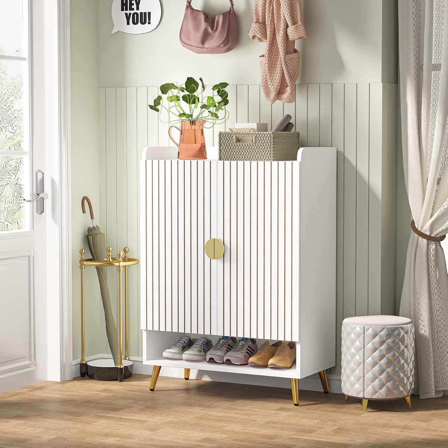 110 cm Schoenenkast, Witte Opbergmeubel met Zeven Planken en Gouden Frame