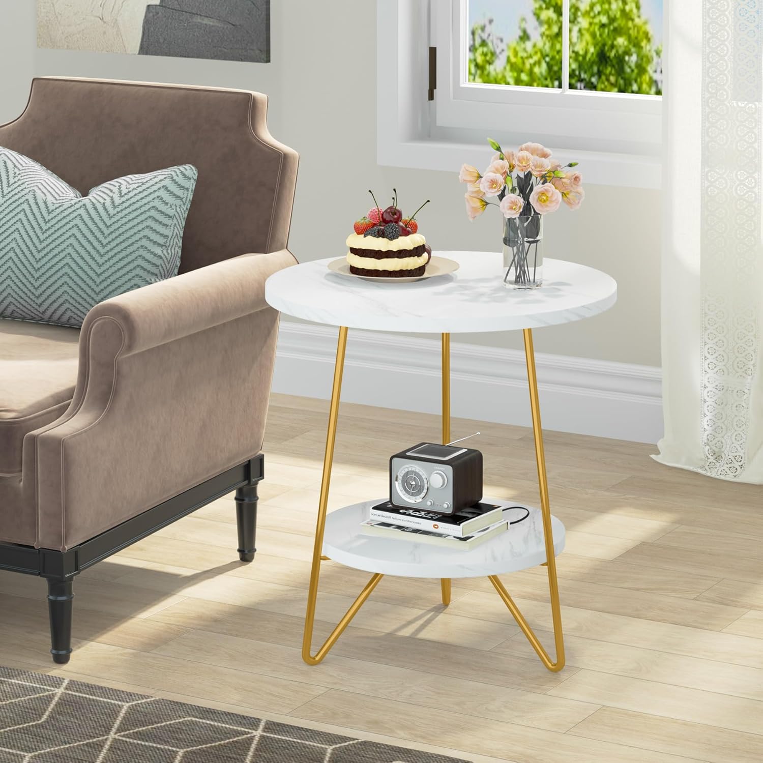 48 cm Ronde Bijzettafel met 2 Planken, Moderne Kunstmarmer Salontafel in Wit en Goud