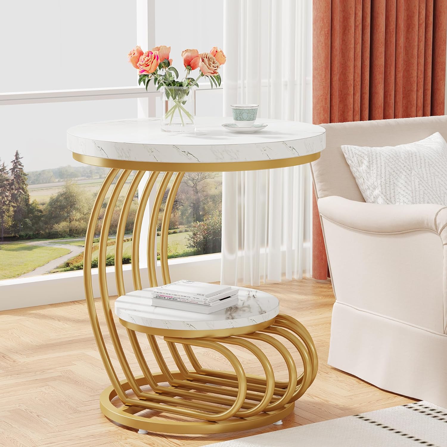 50 cm Ronde Bijzettafel, Moderne Design met Gouden Frame en Witte Afwerking