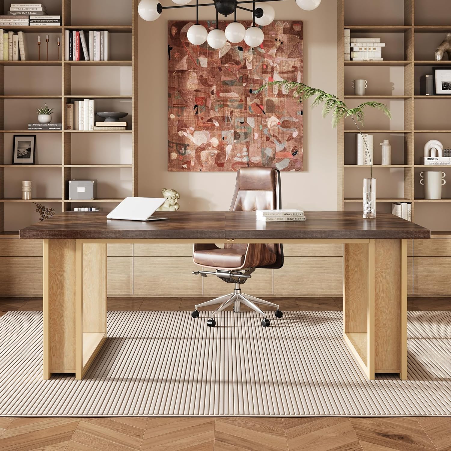 160 cm Kantoor Bureau, Houten Werktafel met Stabiel Metalen Frame in Bruin