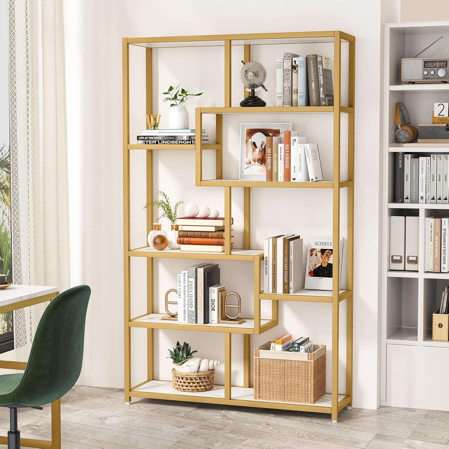 Gouden Marmeren Boekenkast, Achtplanken Etagere met Marmer Print voor Thuiskantoor
