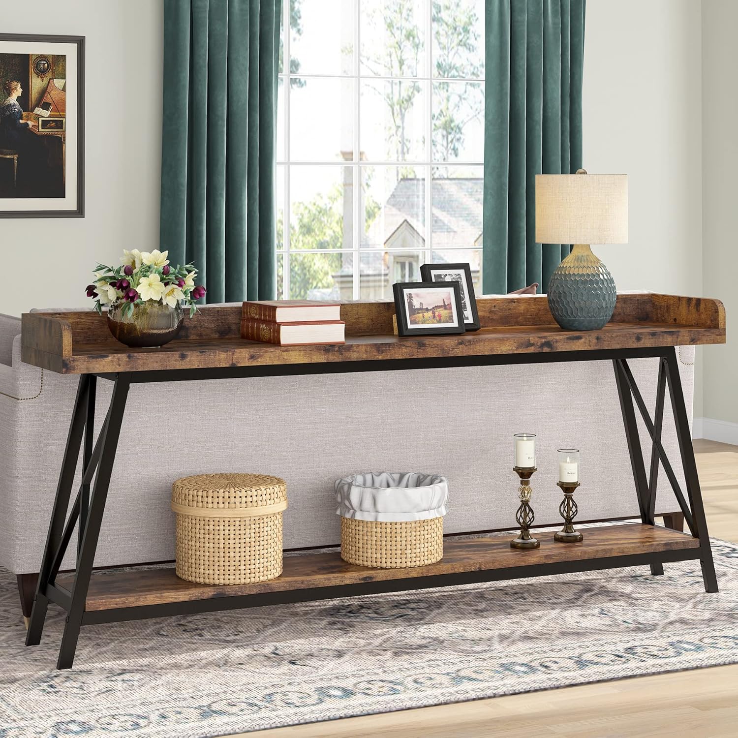 180 cm Industriële Consoletafel, Extra Lange Smalle Tafel voor Woonkamer en Hal