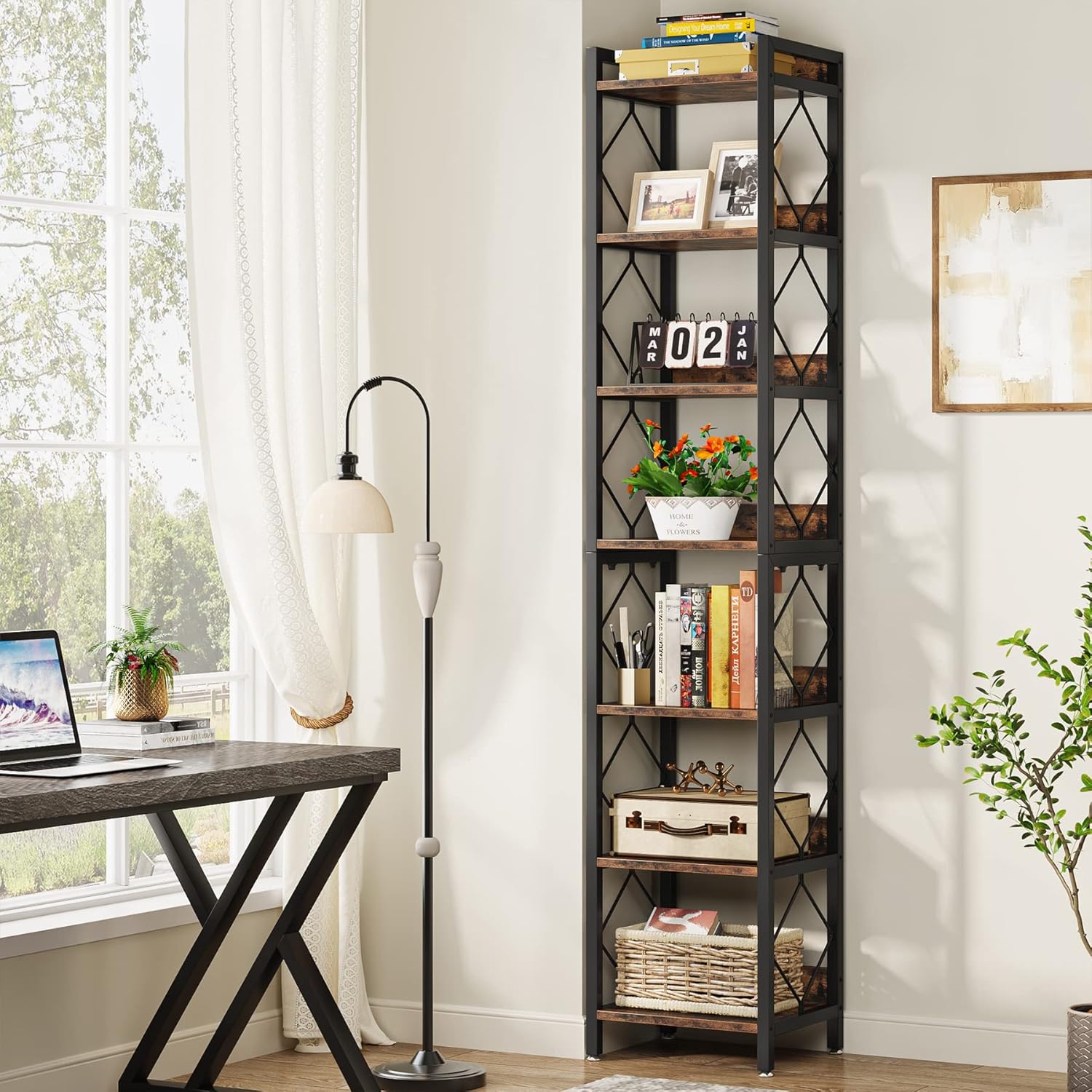 200 cm Hoge Boekenkast, Zeven Planken Opbergmeubel voor Kantoor en Woonkamer