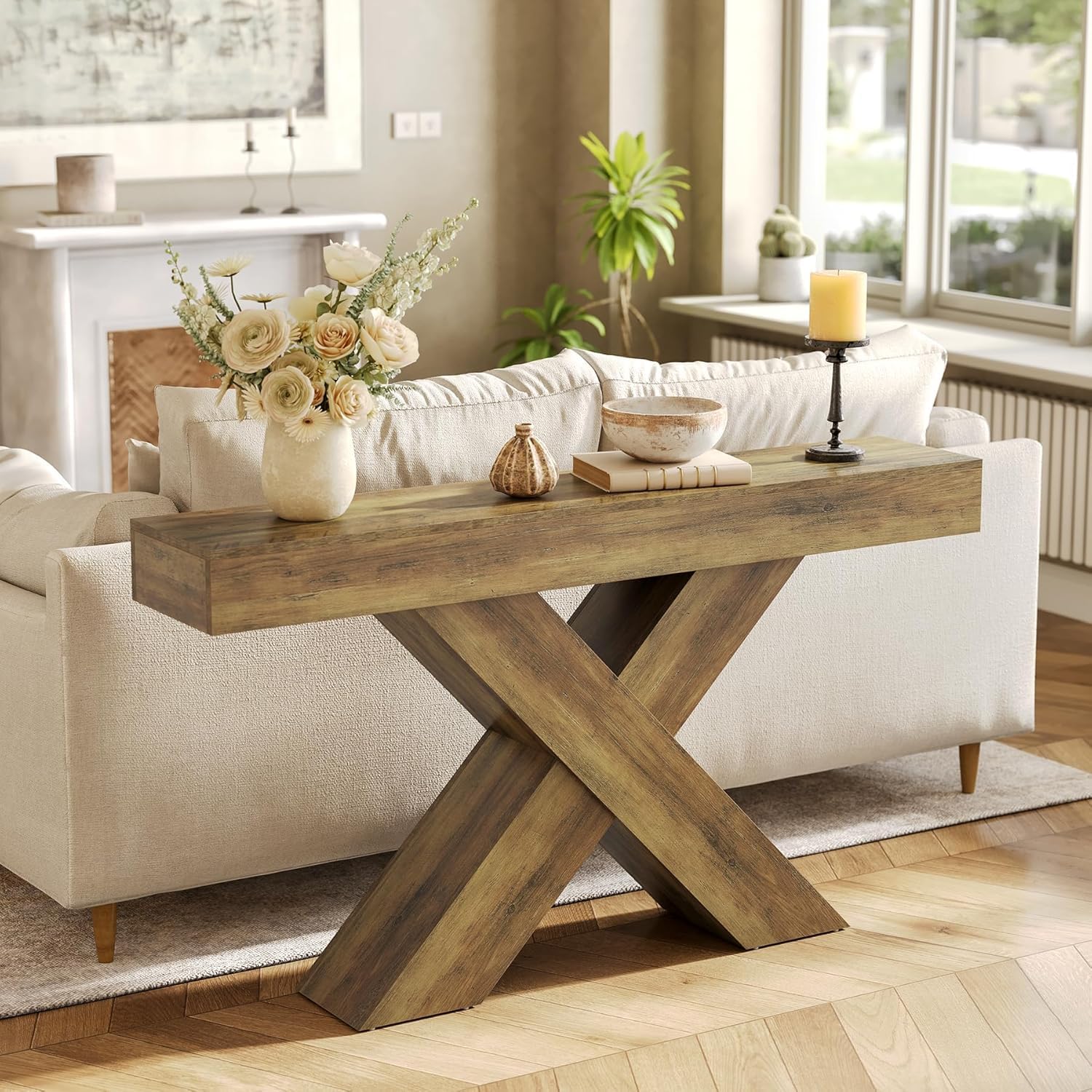 Landelijke consoletafel van 140 cm met X-frame, rustiek bruine haltafel voor woonkamer en entree