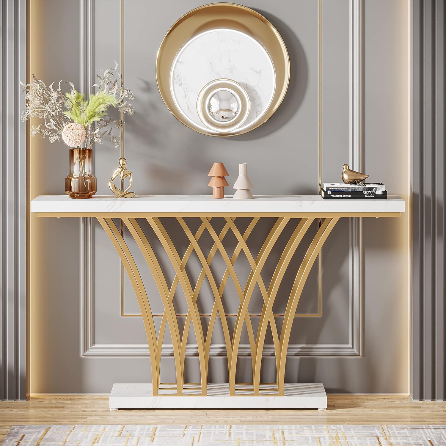 150 cm Gouden Consoletafel, Moderne Entreetafel met Raster Basis voor Hal en Woonkamer