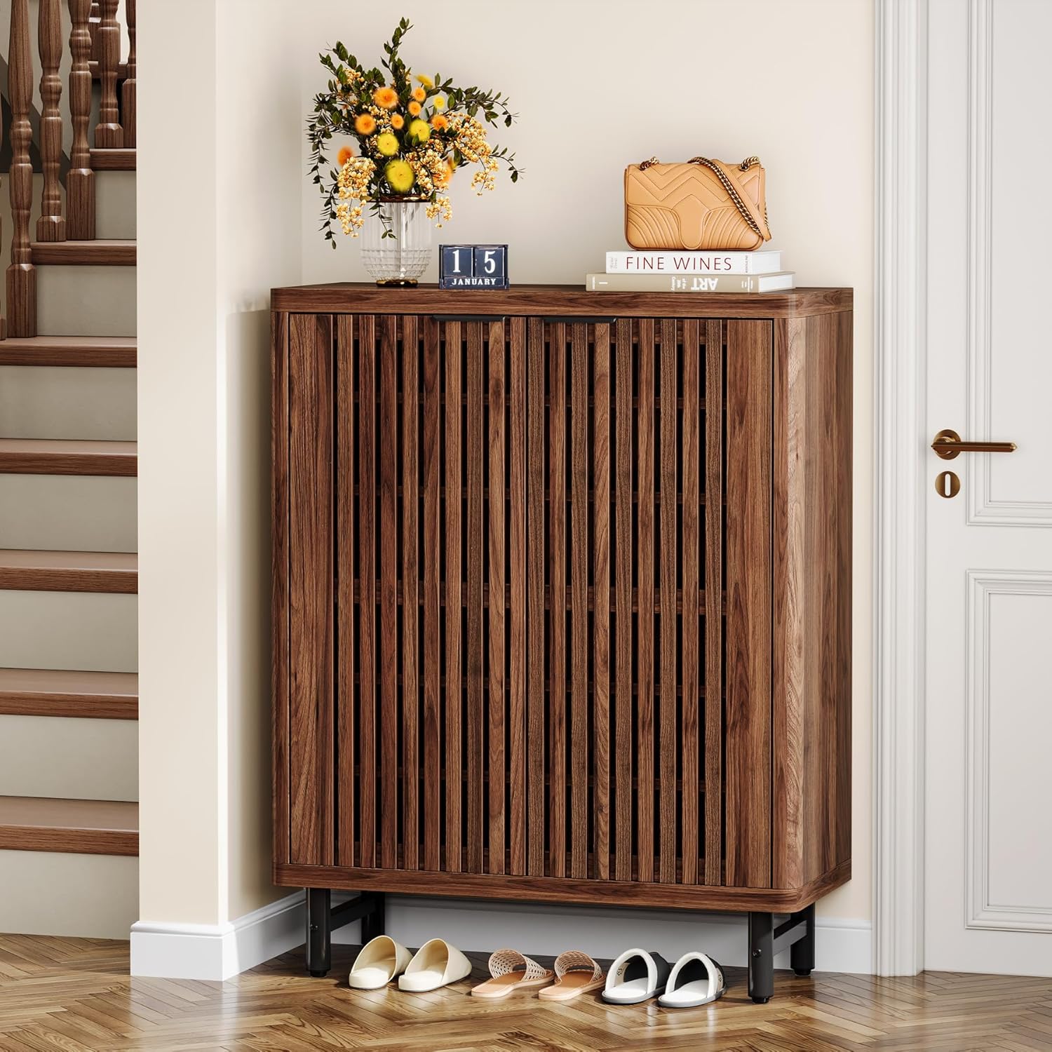 110 cm Retro Schoenenkast, Zes Planken Opbergmeubel met Verstelbare Schappen