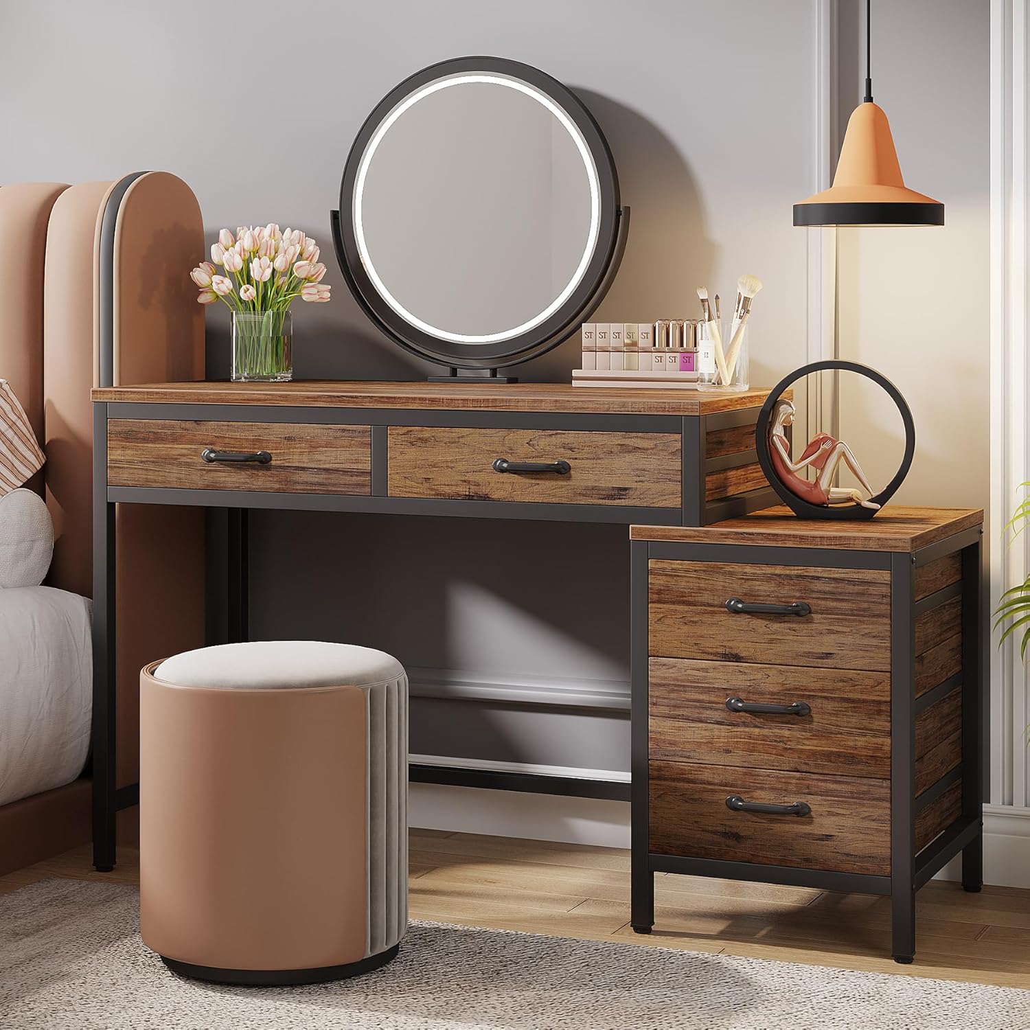 100 cm Schminktafel met 5 Laden, Grijze Opbergmeubel zonder Spiegel voor Vrouwen