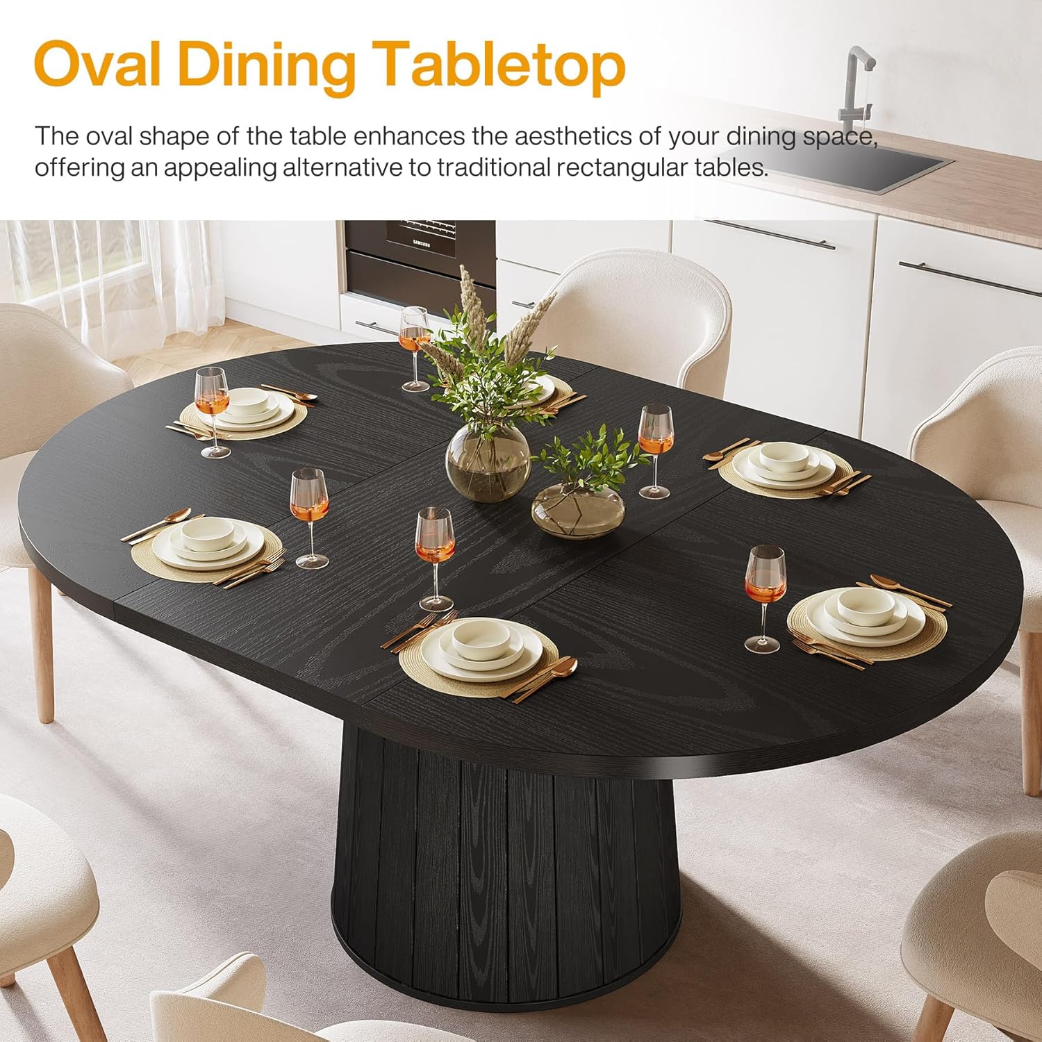 140 cm Ovale Eettafel voor 6 Personen, Landelijke Keukentafel met Cilindervormige Pijler