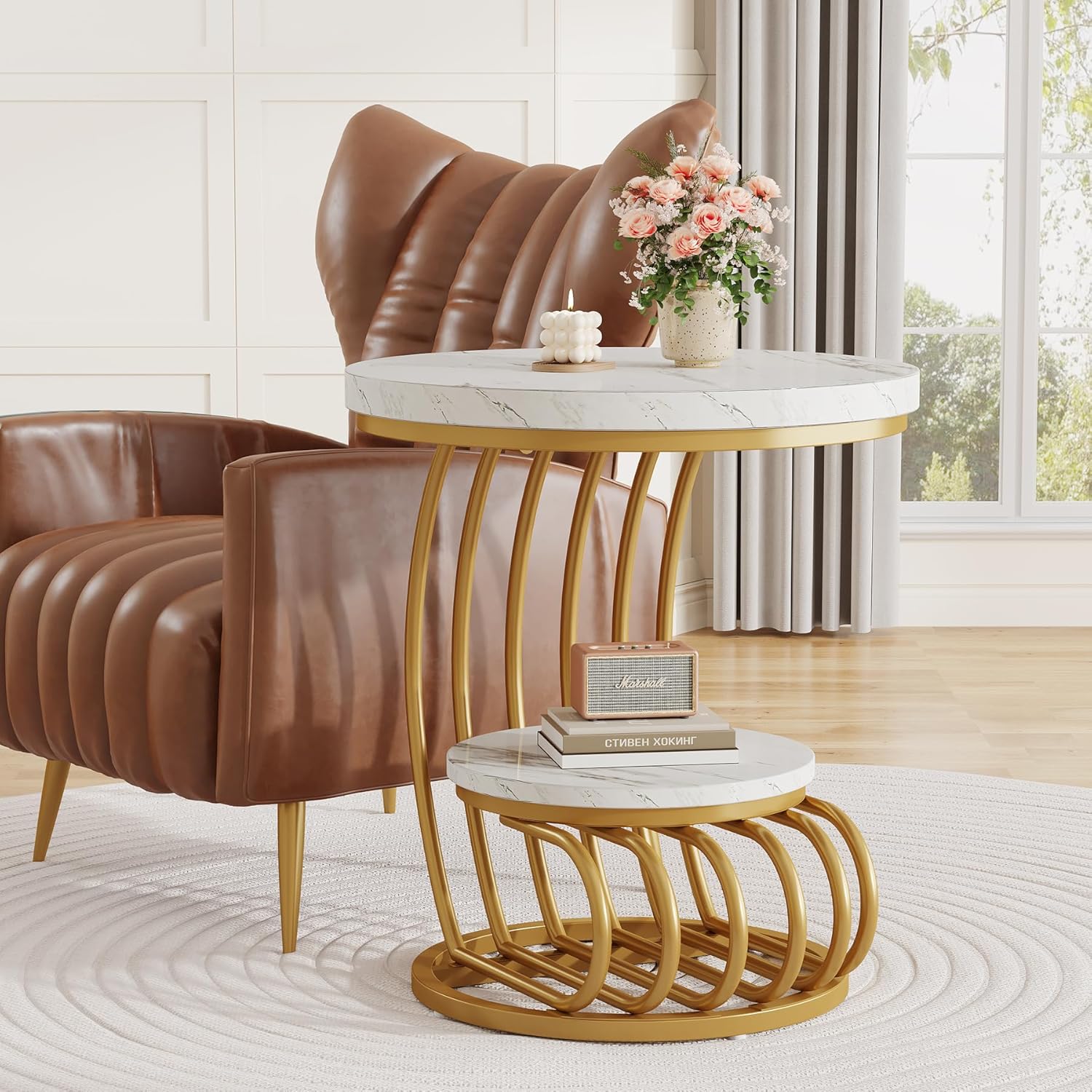 50 cm Ronde Bijzettafel, Moderne Design met Gouden Frame en Witte Afwerking