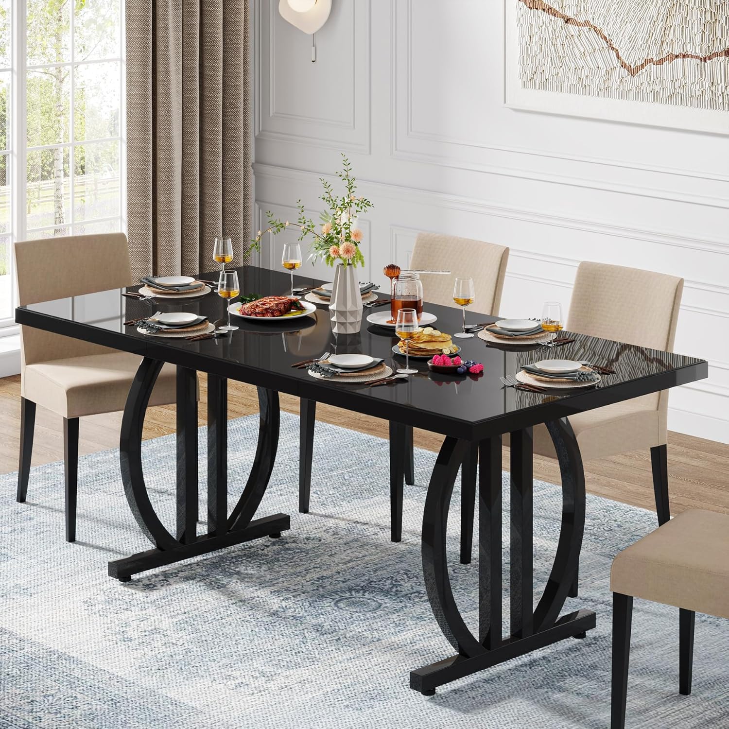 Zwarte Eettafel 160 cm met Metalen Frame, Industrieel Ontwerp voor 4-6 Personen