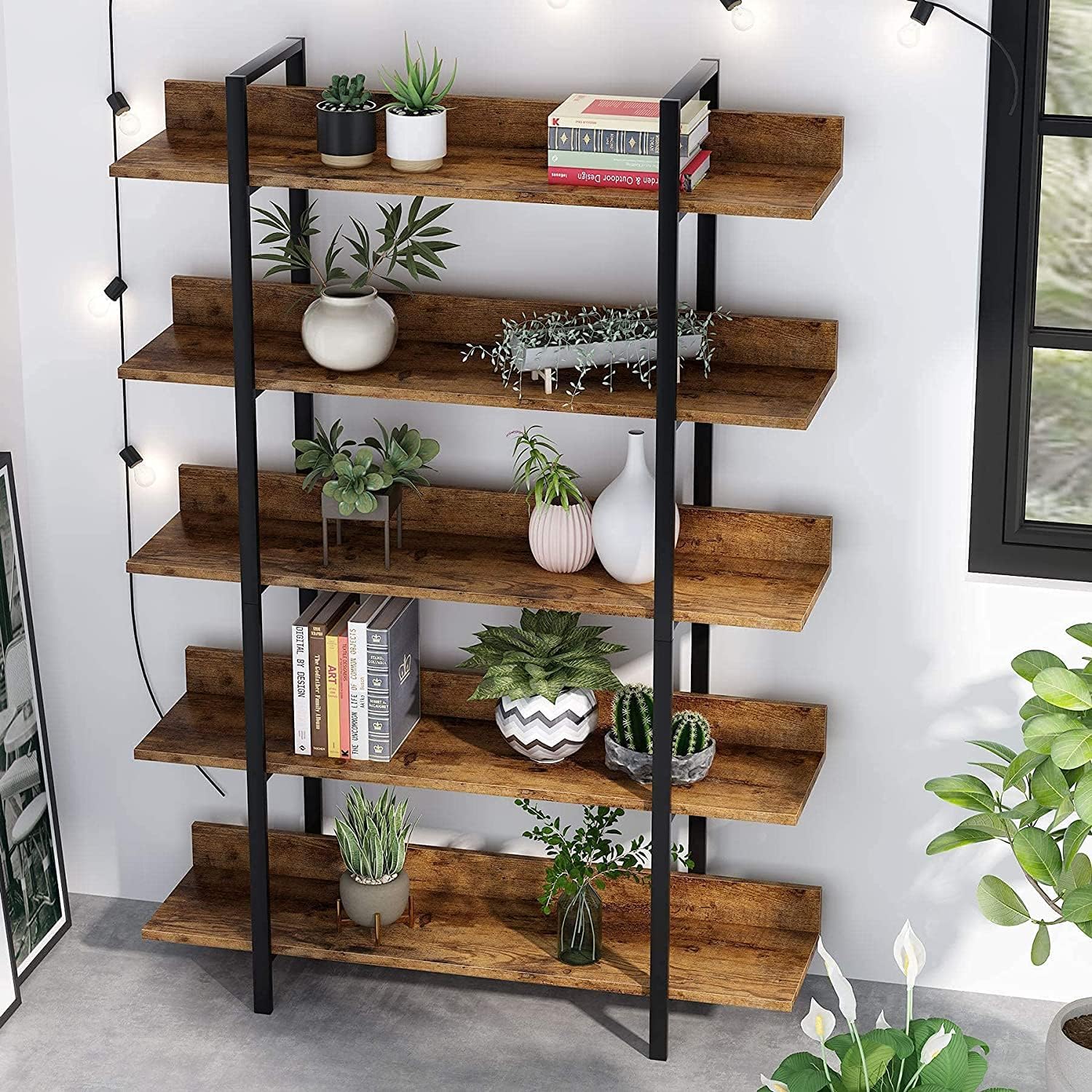180 cm Industriële Boekenkast, 5 Open Planken met Staal Frame in Landelijk Bruin