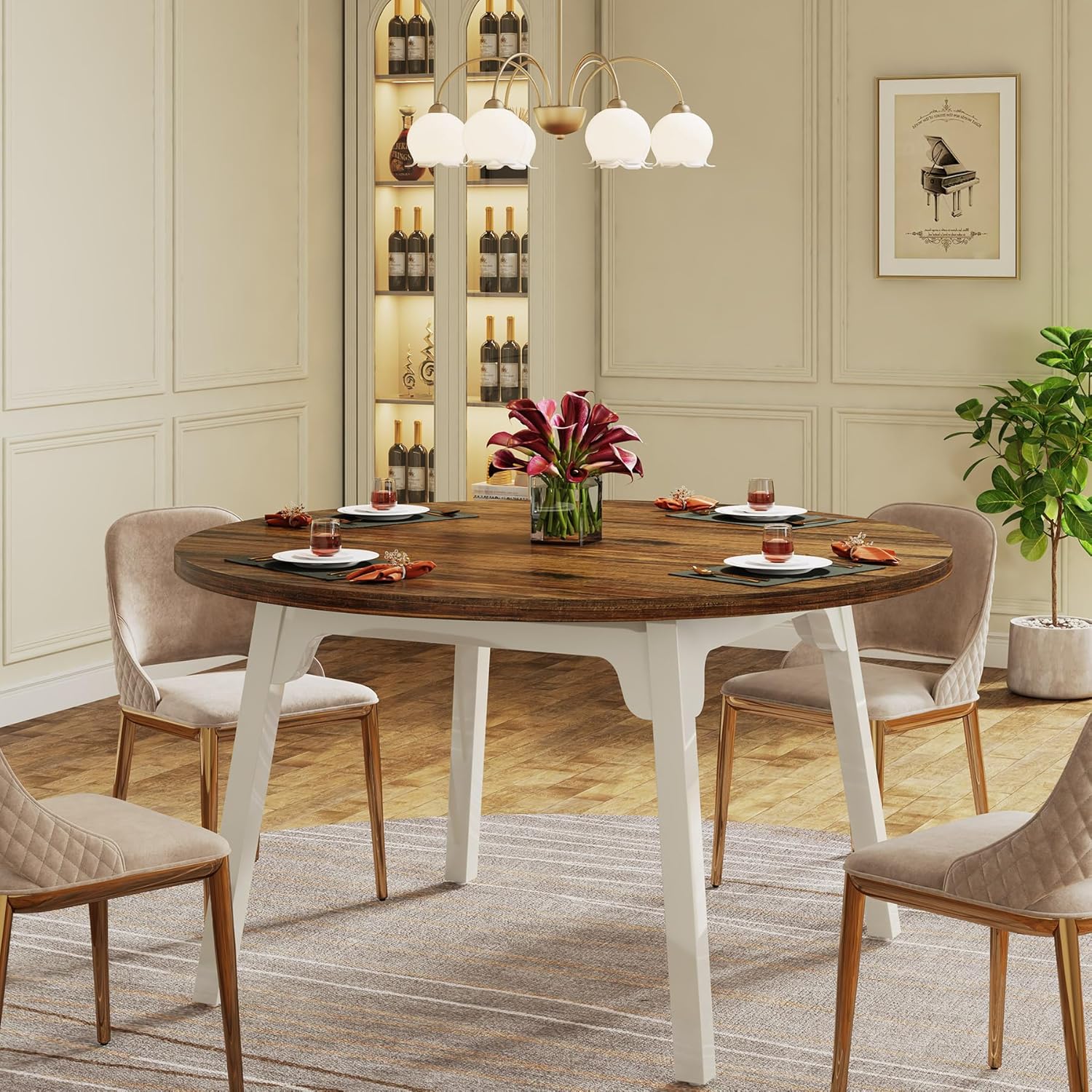 120 cm Ronde industriële eettafel voor 4-6 personen, Bruin met witte blad en massief houten poten