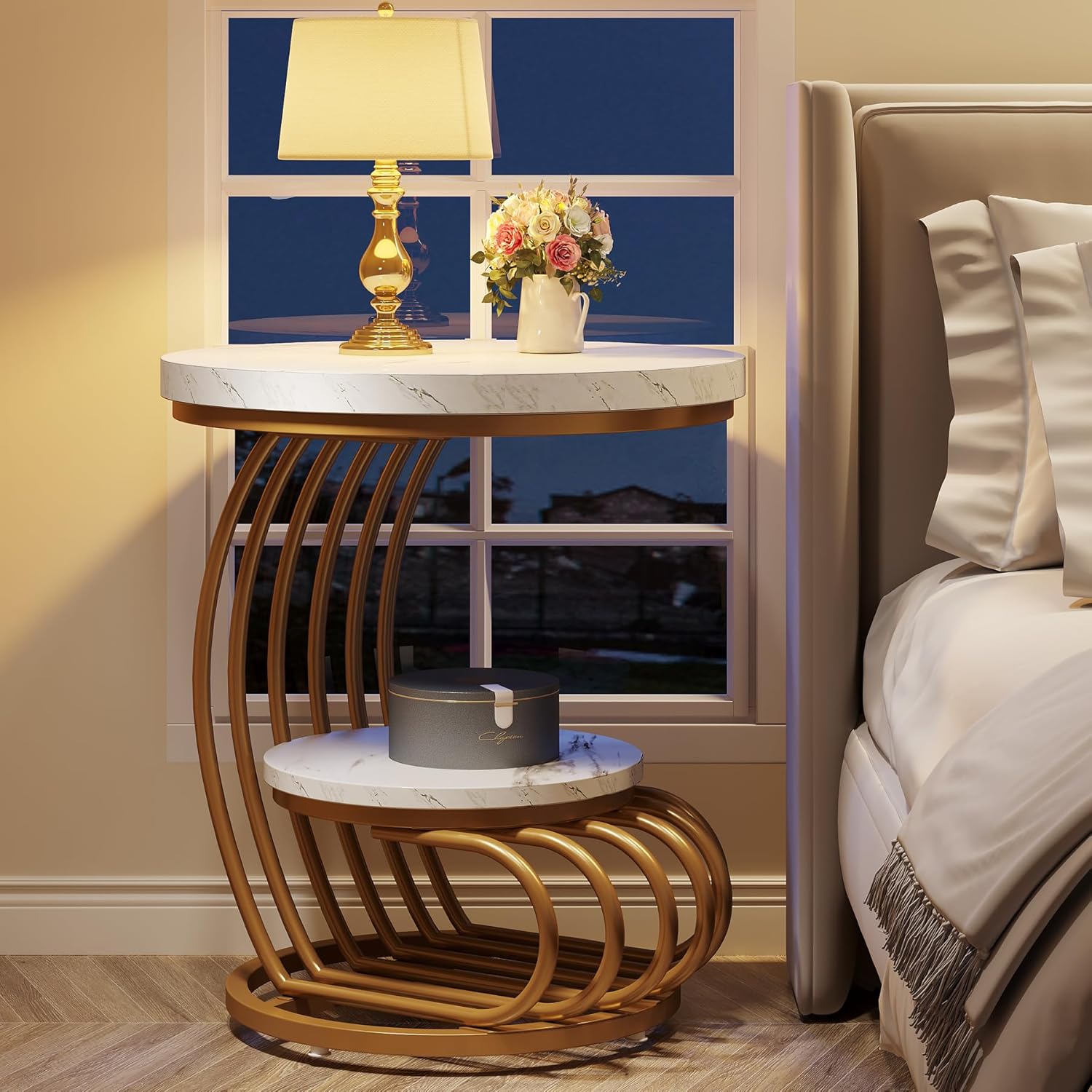 50 cm Ronde Bijzettafel, Moderne Design met Gouden Frame en Witte Afwerking