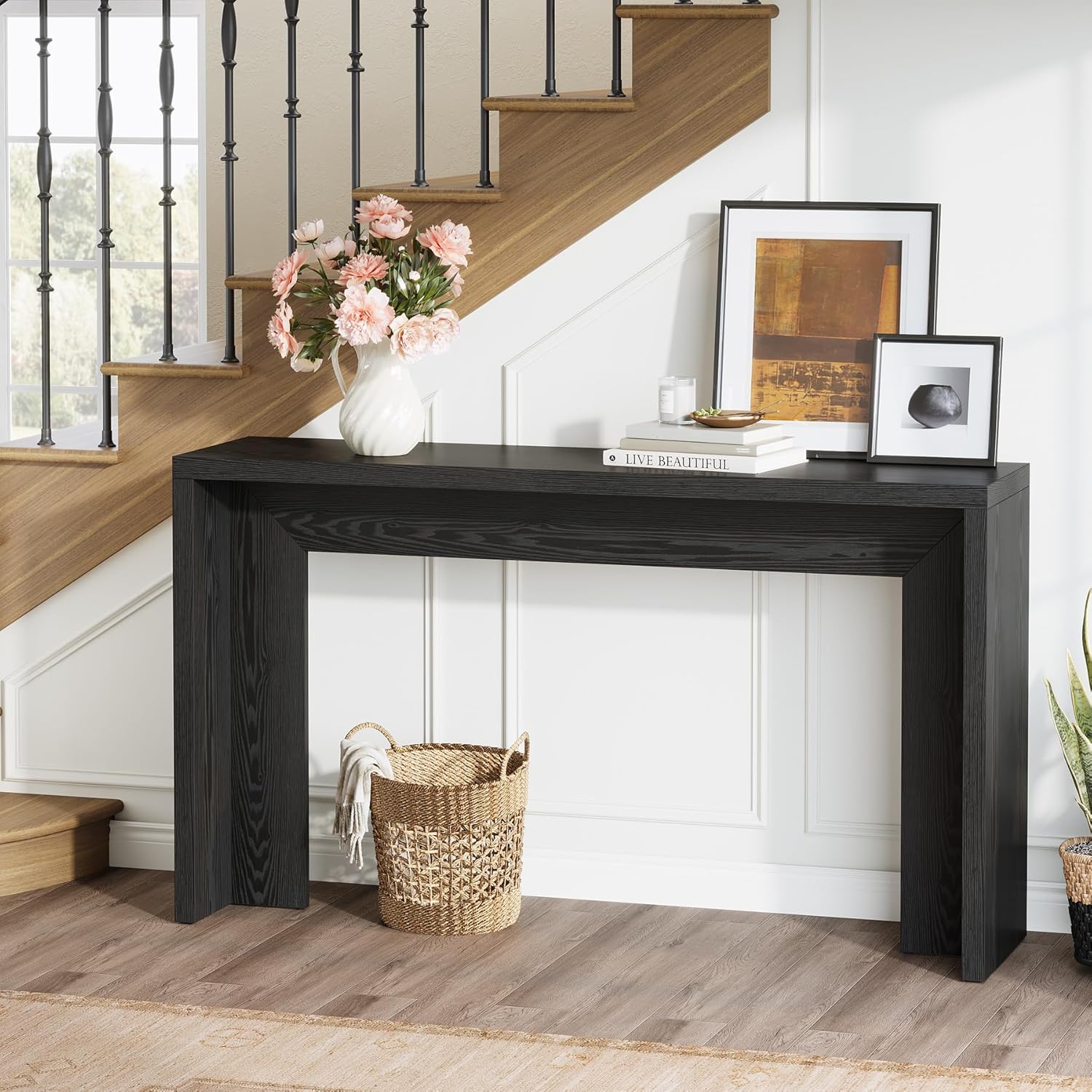 140 cm Farmhouse Console Tafel, Houten Banktafel met Opbergruimte Voor Woonkamer