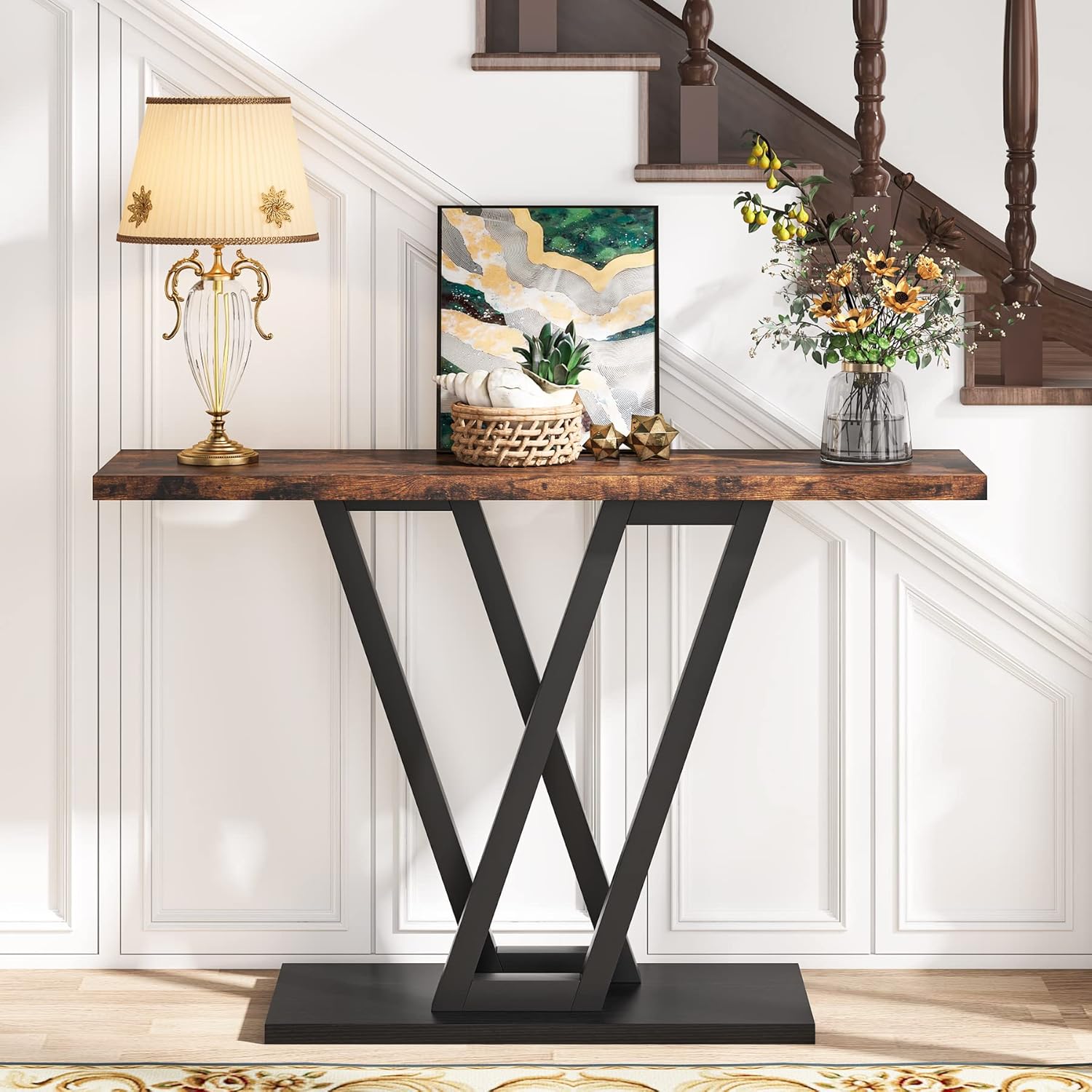 110 cm Industriële Console, Smalle Entréetafel met Stabiel Metalen Frame in Bruin