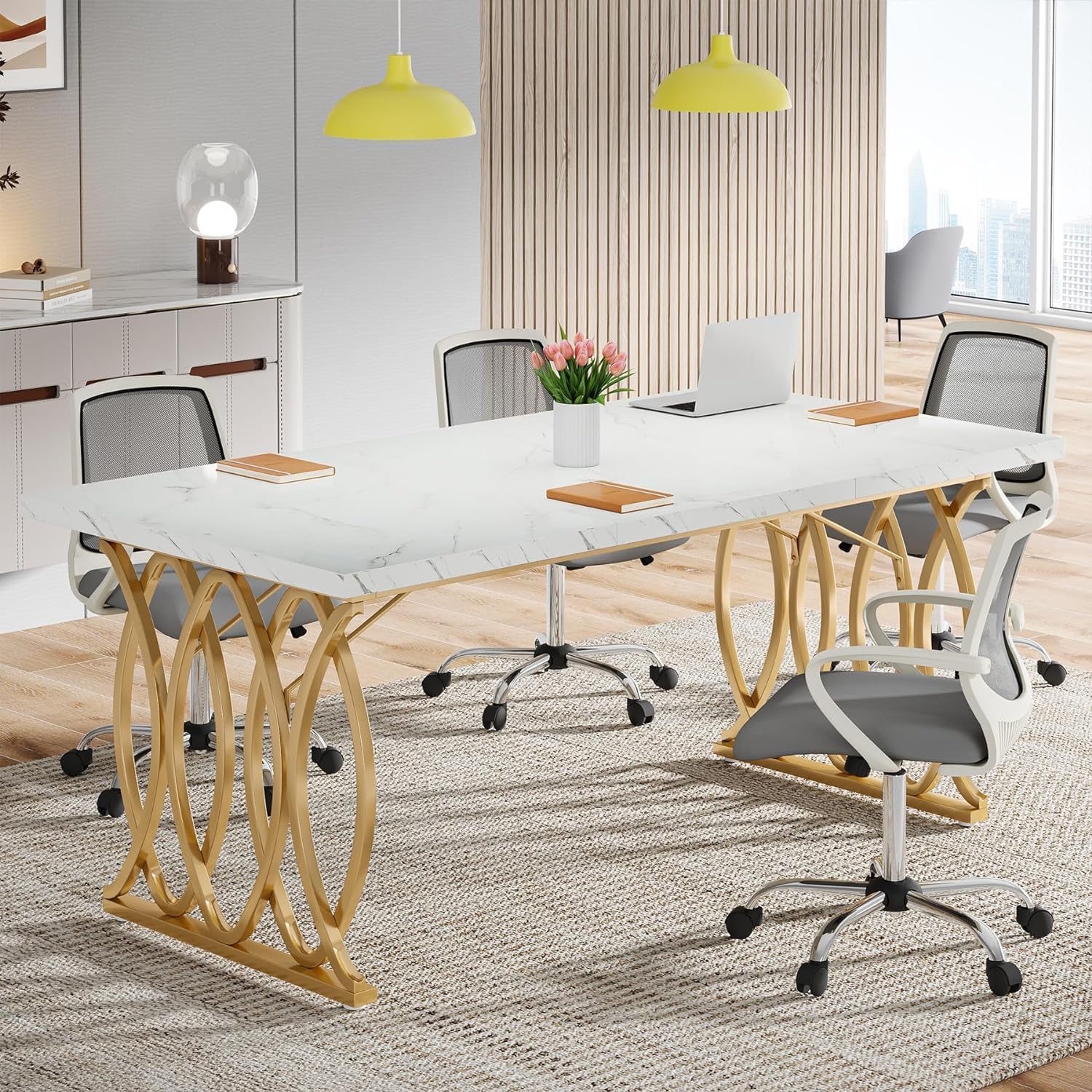 160 cm Executive Bureau, Met Witte Afwerking en Gouden Accenten voor Kantoor