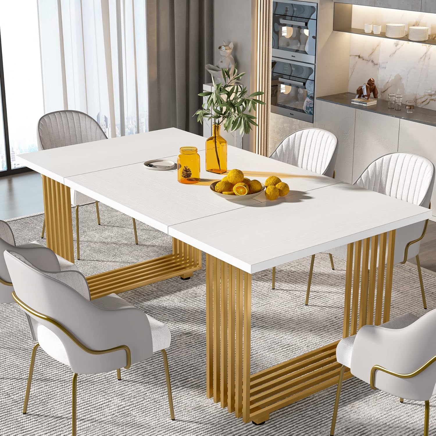 180 cm Eettafel voor Acht Personen, Moderne Witte Tafel met Gouden Accenten voor Eetkamer
