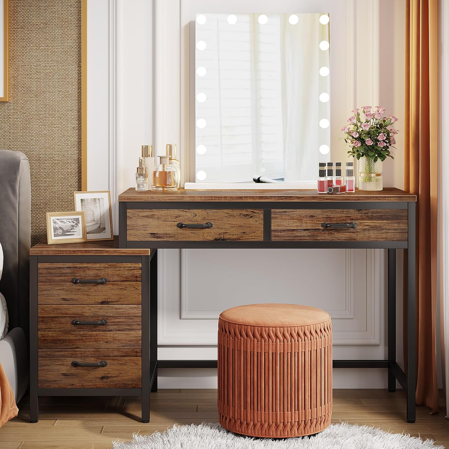 100 cm Schminktafel met 5 Laden, Grijze Opbergmeubel zonder Spiegel voor Vrouwen