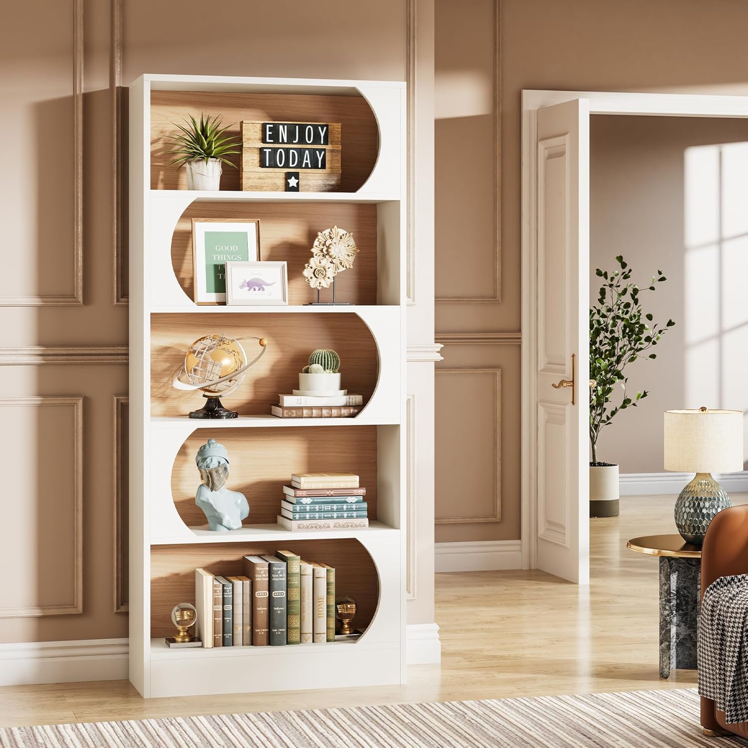 180 cm Tribesigns Boekenkast, Moderne Witte Boekenplank met Gebogen Frame voor Woonkamer
