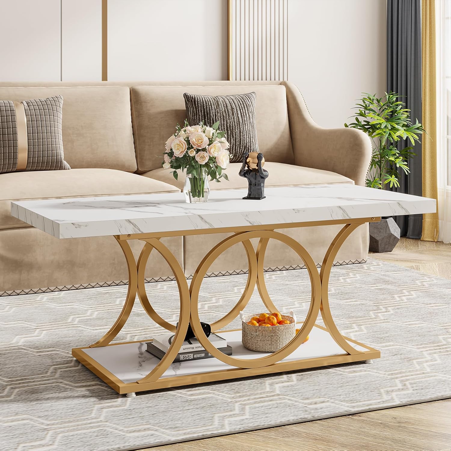 120 cm Moderne Salontafel met Marmer Look, Witte & Gouden Tafels met Opbergplank en Geometrische Poten