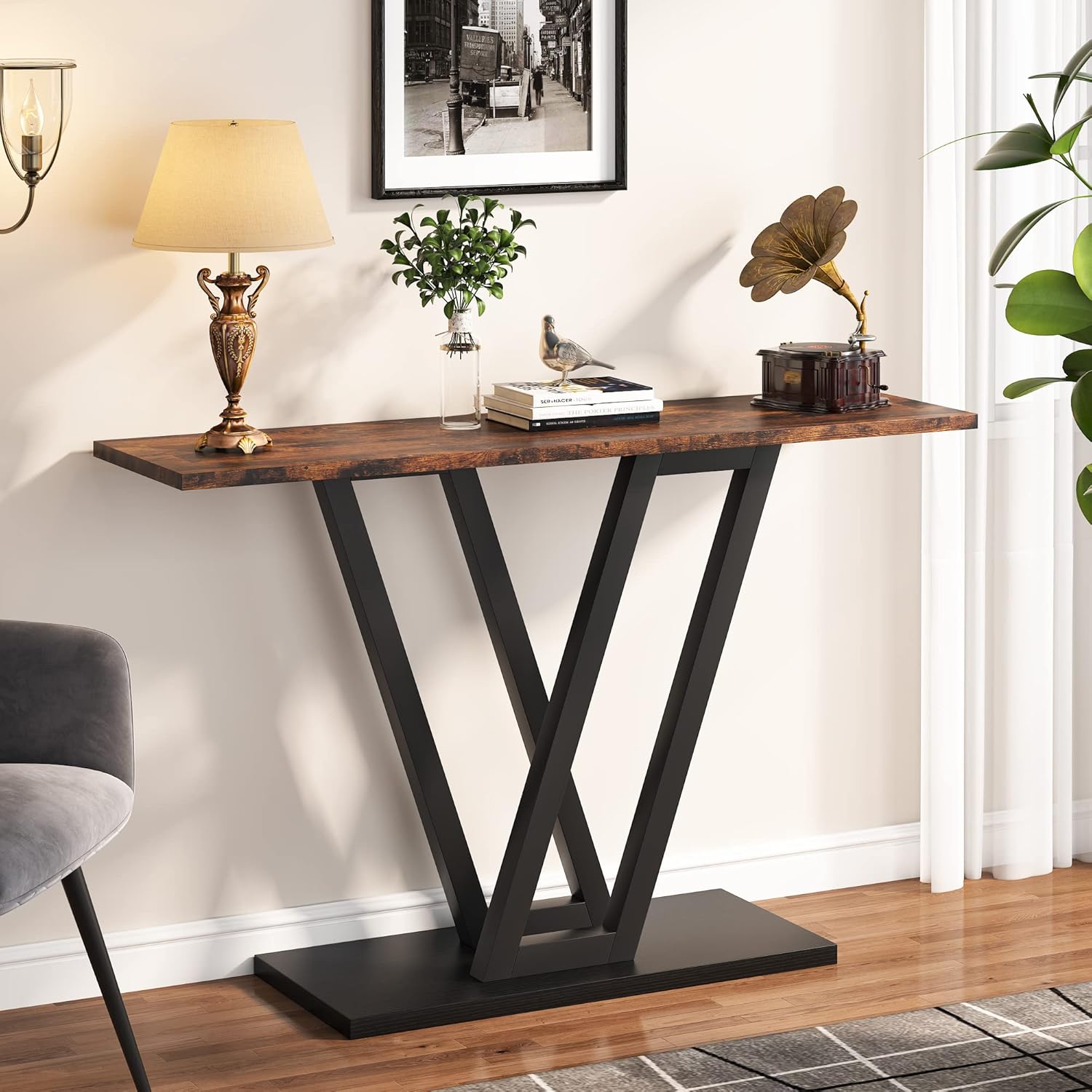 110 cm Industriële Console, Smalle Entréetafel met Stabiel Metalen Frame in Bruin