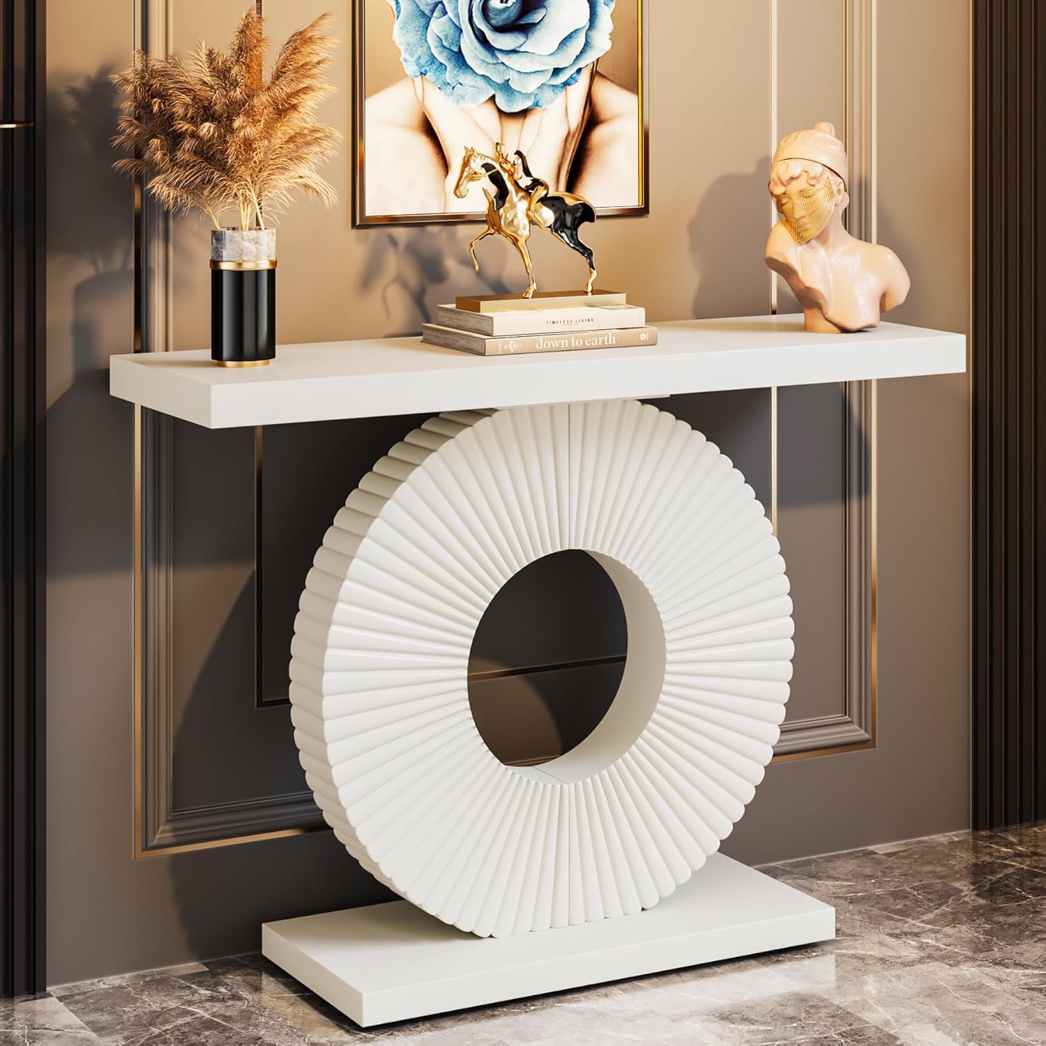100 cm Smalle Consoletafel, Moderne Witte Tafel Met Geometrisch Onderstel Voor Entree Hal Of Woonkamer