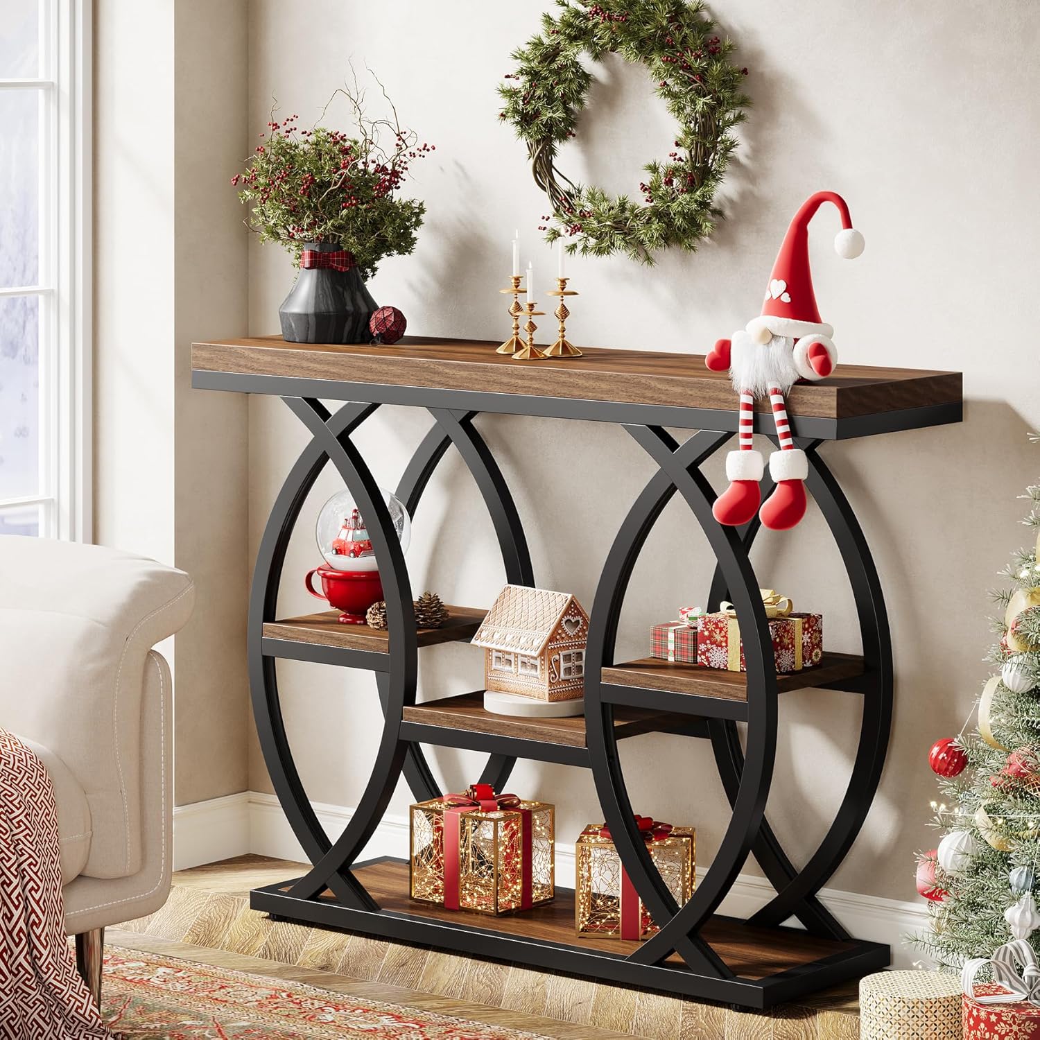 Industrieel Consoletafel 100 cm met 4 Opbergplanken, Smalle Houten Bijzettafel voor hal en Kleine Ruimtes