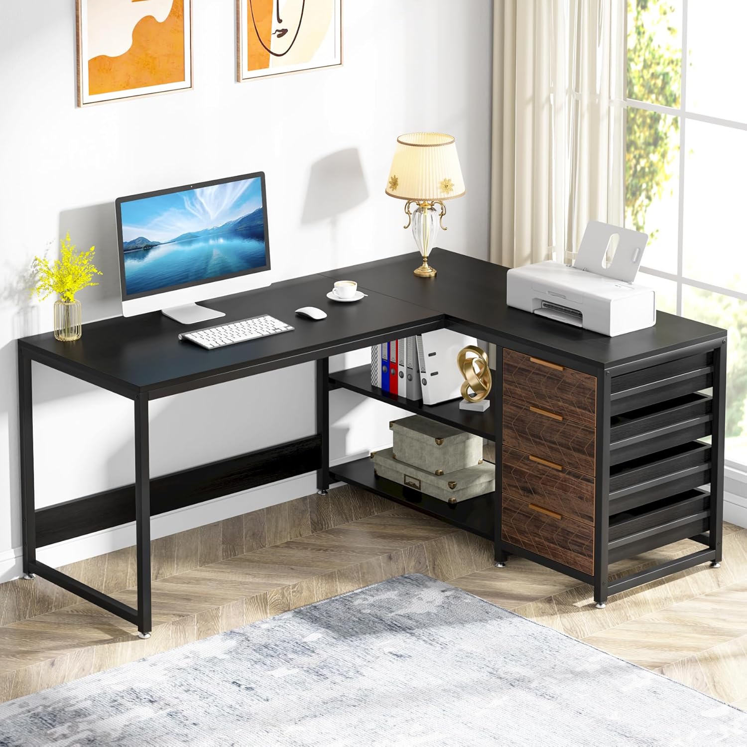 150 cm L-vormig Bureau, Met 4 Laden en 2 Planken voor Kantoor en Werkkamer