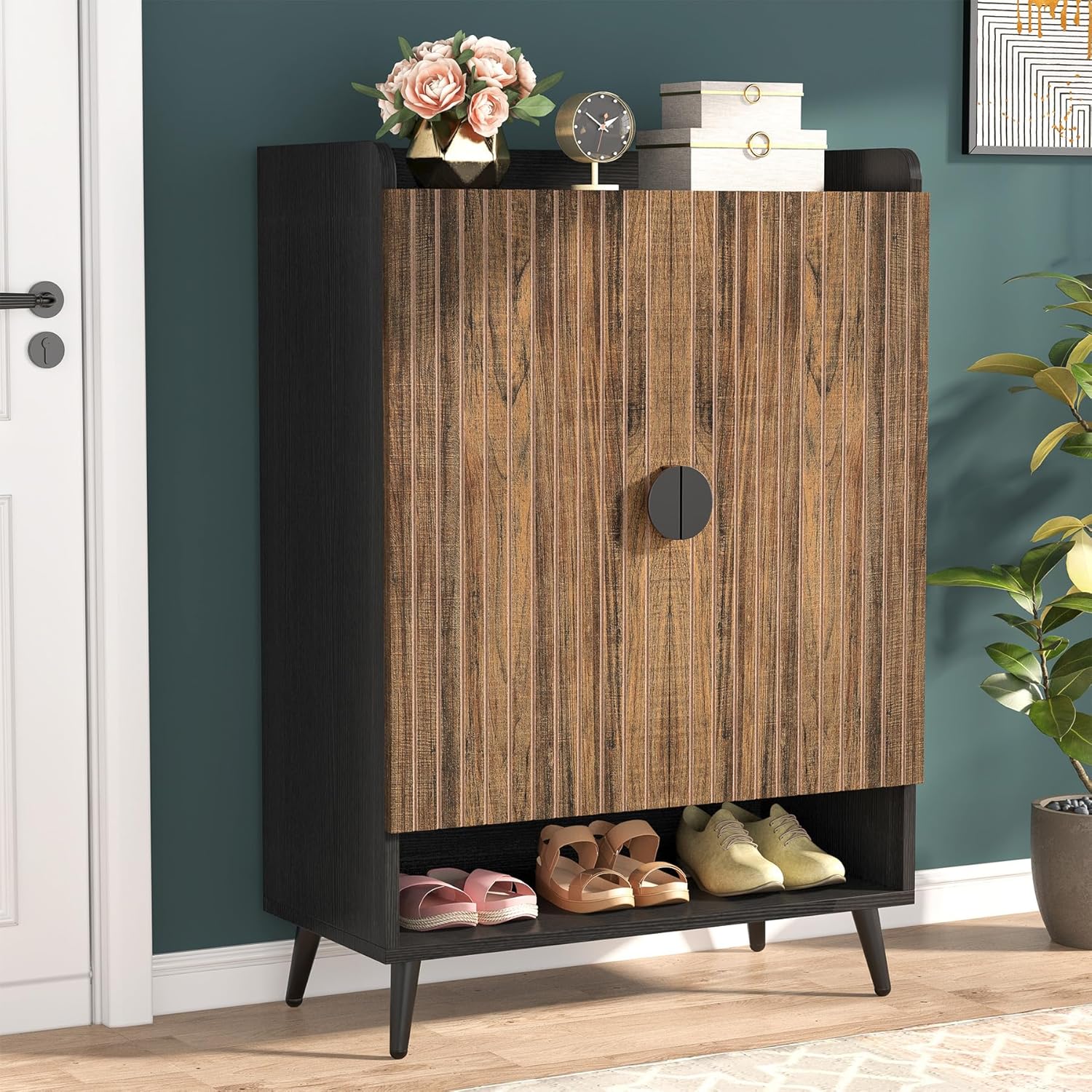 110 cm Schoenenkast, Witte Opbergmeubel met Zeven Planken en Gouden Frame