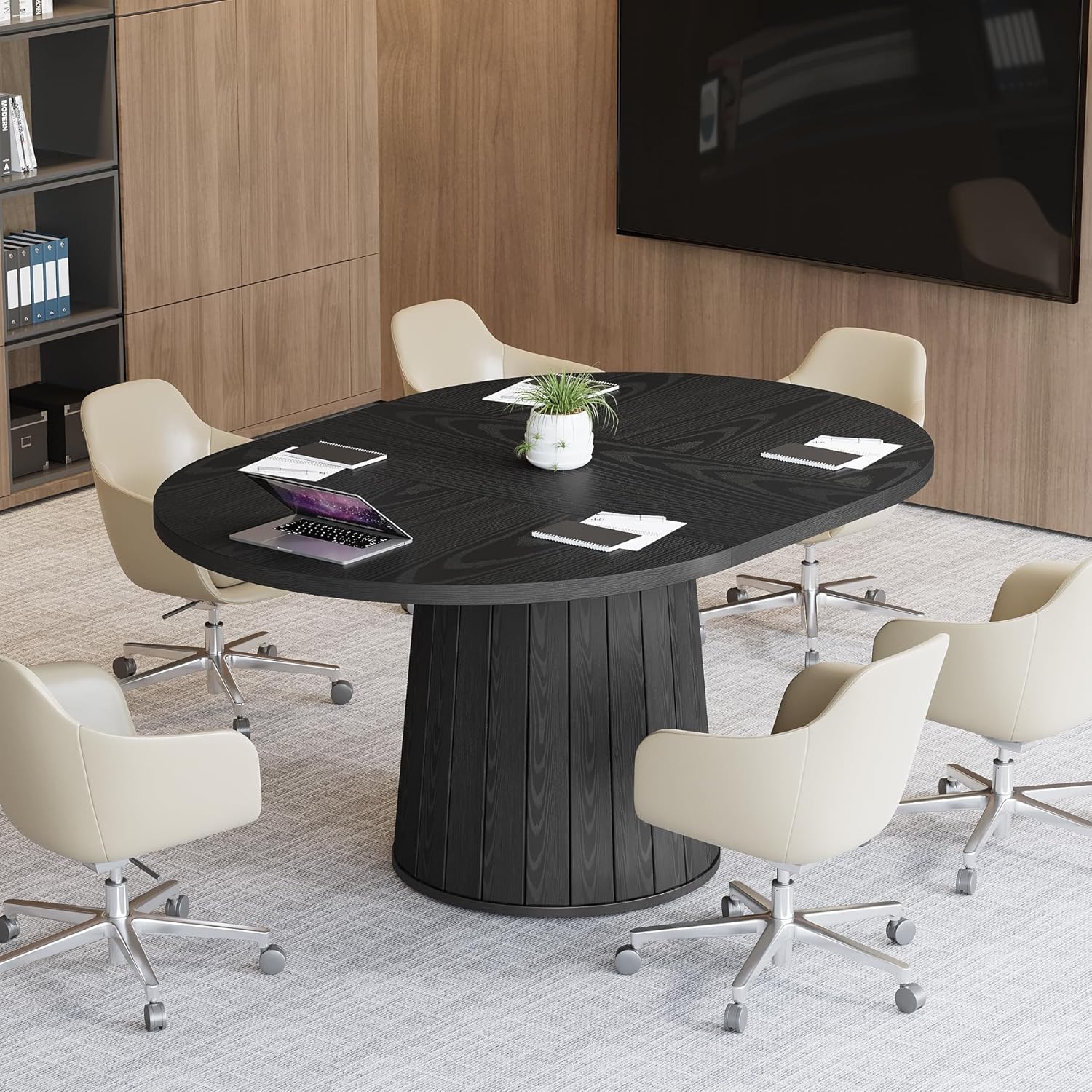 140 cm Ovale Vergadertafel voor 6 Personen, Houten Meetingtafel met Houten Onderstel voor Kantoor
