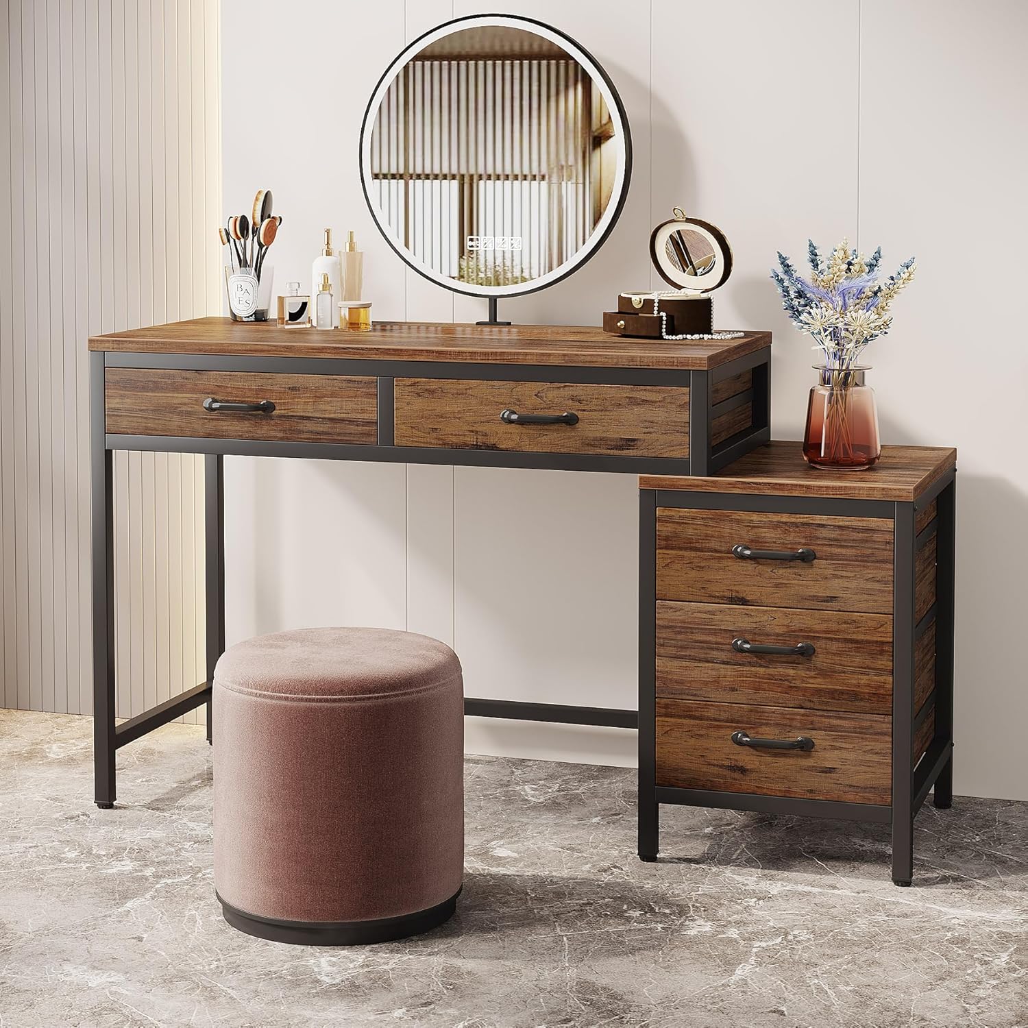 100 cm Schminktafel met 5 Laden, Grijze Opbergmeubel zonder Spiegel voor Vrouwen