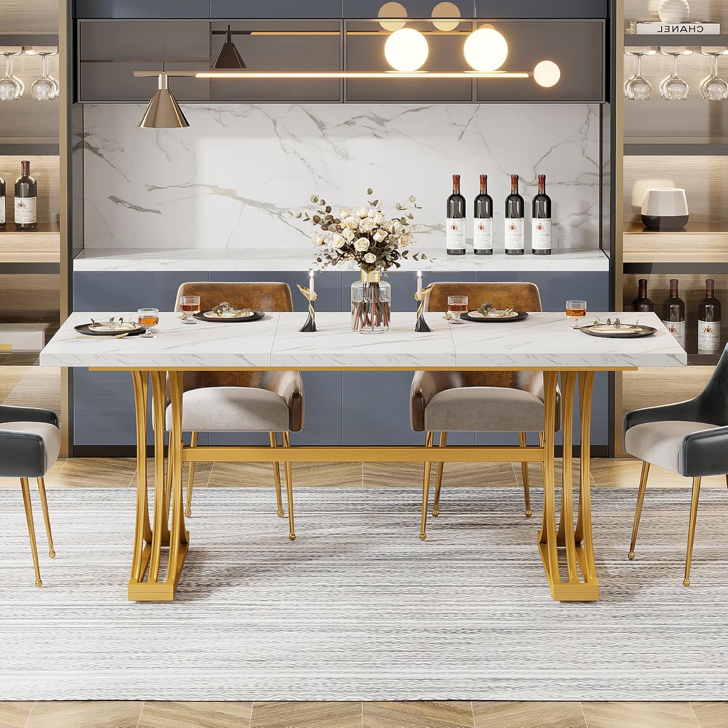 Tribesigns Eettafel 160 cm met Marmerlook Blad, Moderne Keukentafel Goud