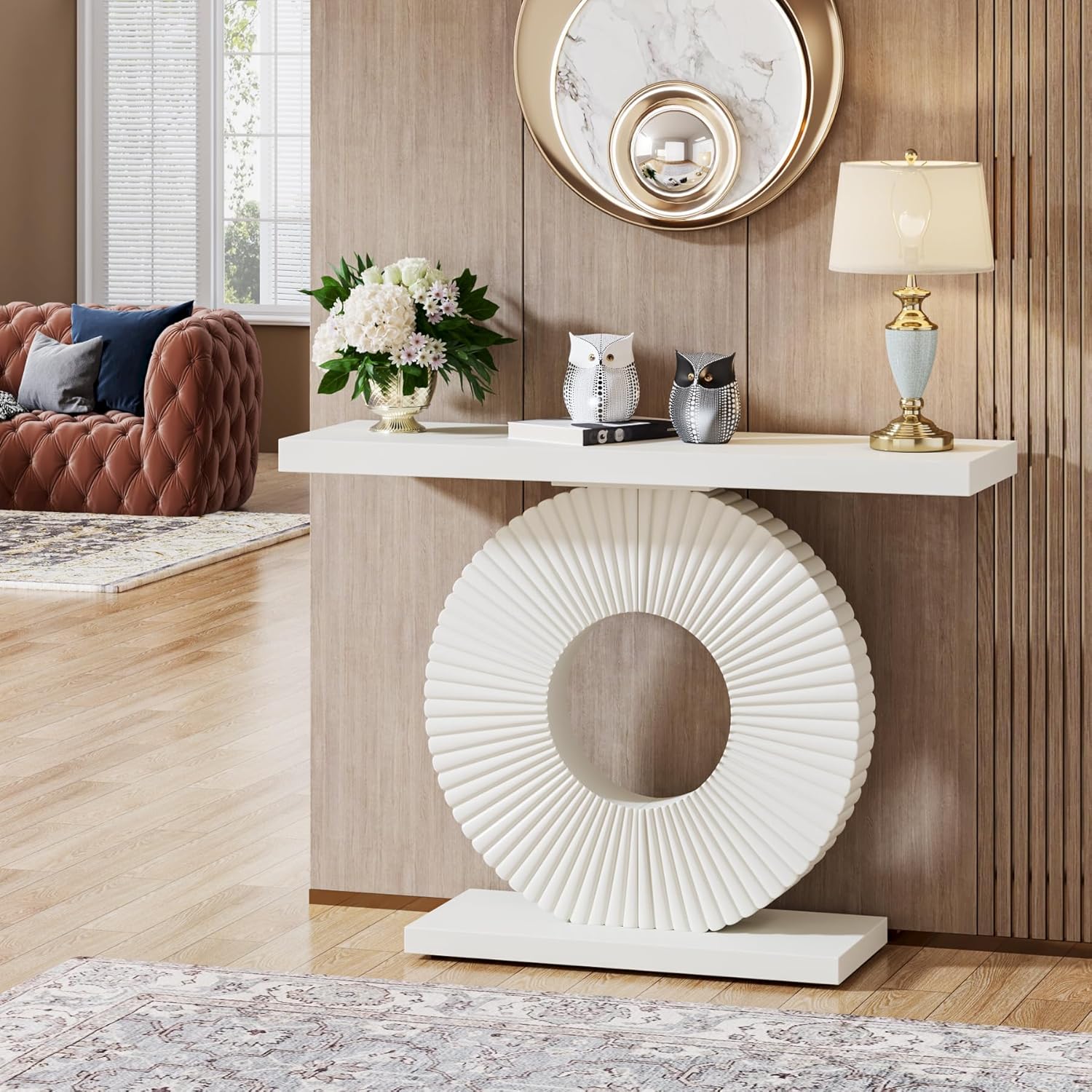 100 cm Smalle Consoletafel, Moderne Witte Tafel Met Geometrisch Onderstel Voor Entree Hal Of Woonkamer