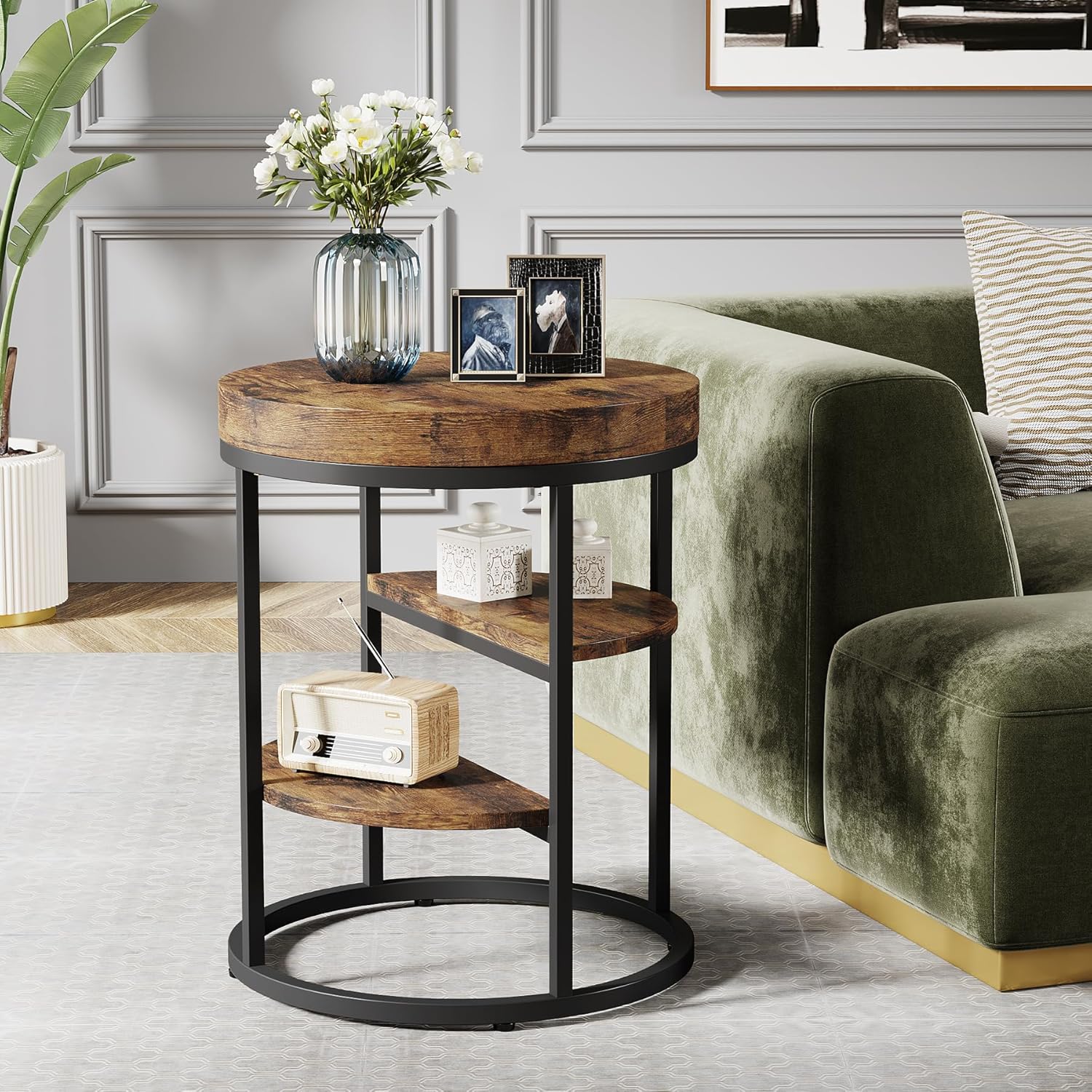 50 cm Ronde Bijzettafel met 3 Opbergplanken, Industriële Sofa- en Nachtkasttafel in Rustiek Bruin