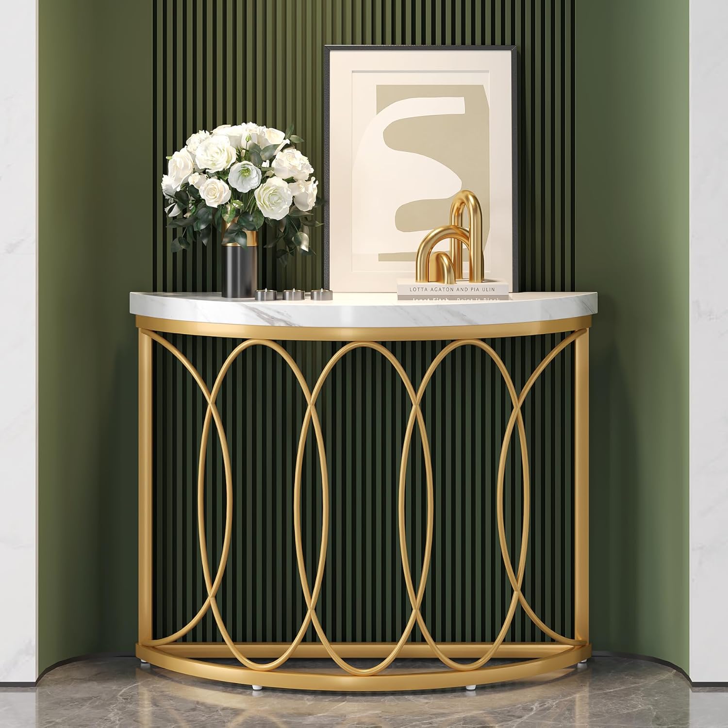 110 cm Gouden Consoletafel, Moderne Bijzettafel met Halvemaan Frame voor Woonkamer