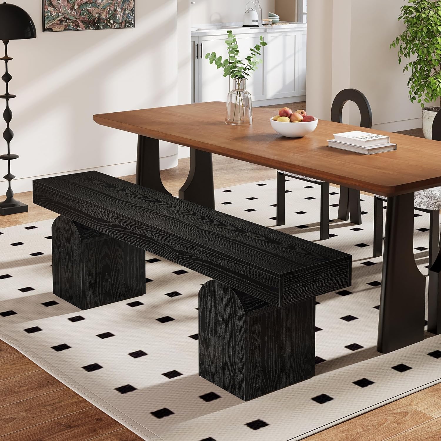 Eetkamerbank van 150 cm voor 2–3 Personen met Gebogen Basis, Moderne Zwarte Houten Bank voor Keuken en Woonkamer