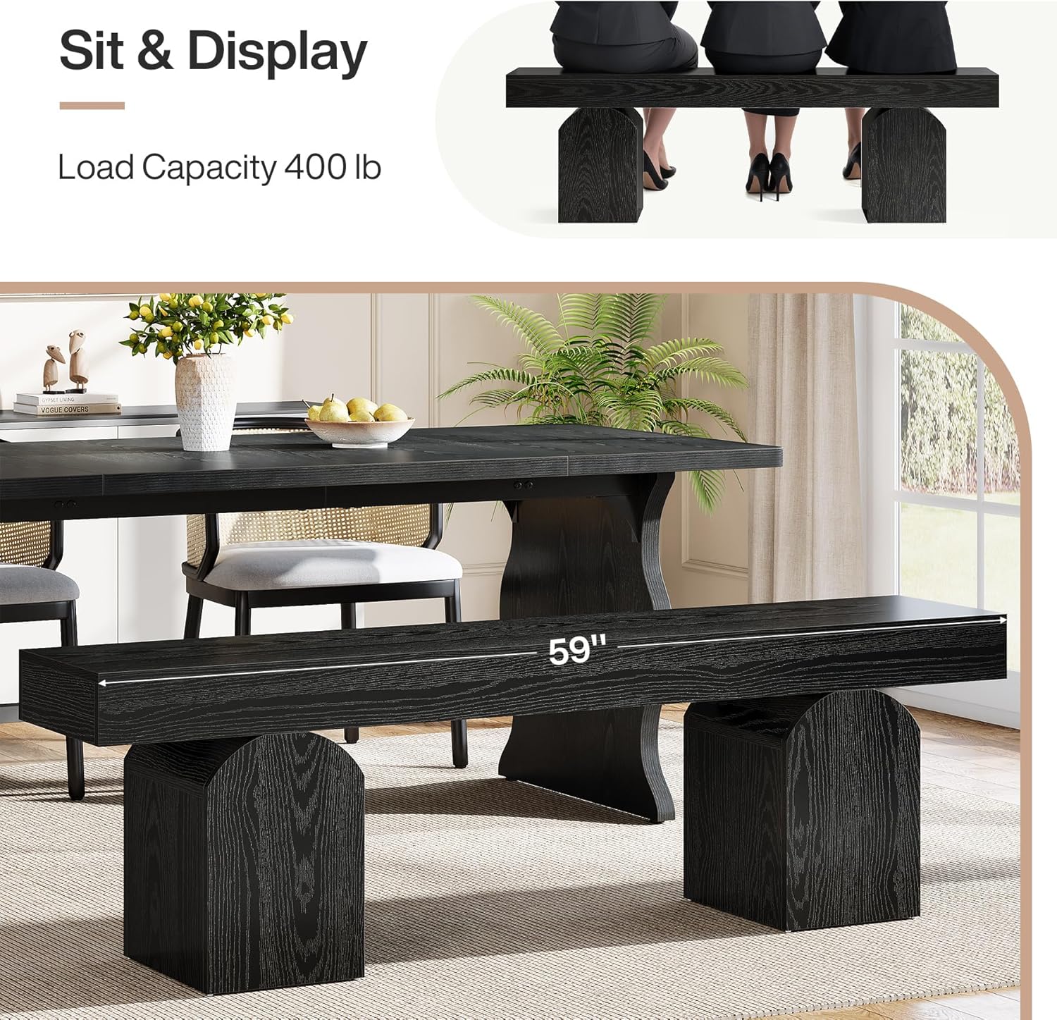 Eetkamerbank van 150 cm voor 2–3 Personen met Gebogen Basis, Moderne Zwarte Houten Bank voor Keuken en Woonkamer