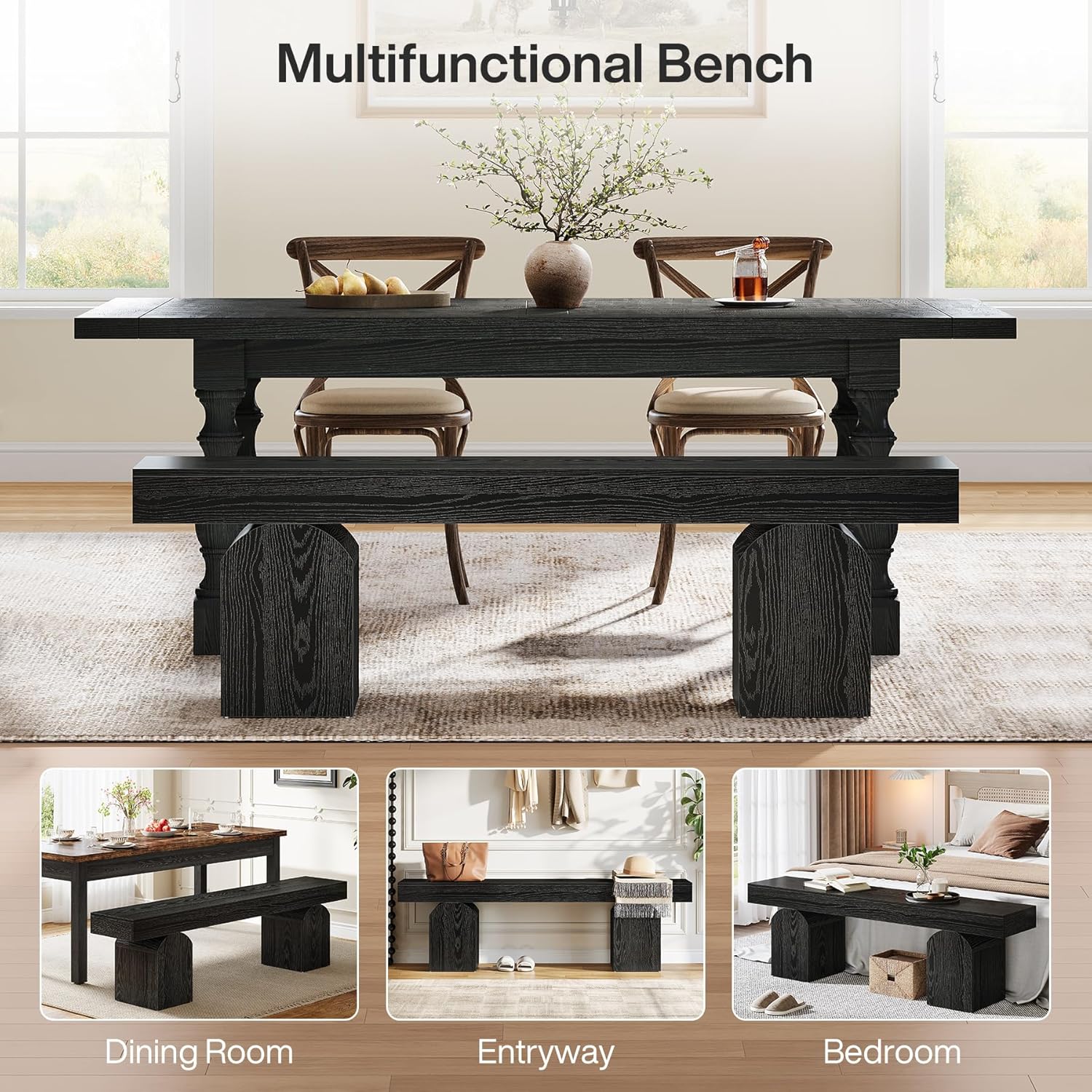 Eetkamerbank van 150 cm voor 2–3 Personen met Gebogen Basis, Moderne Zwarte Houten Bank voor Keuken en Woonkamer