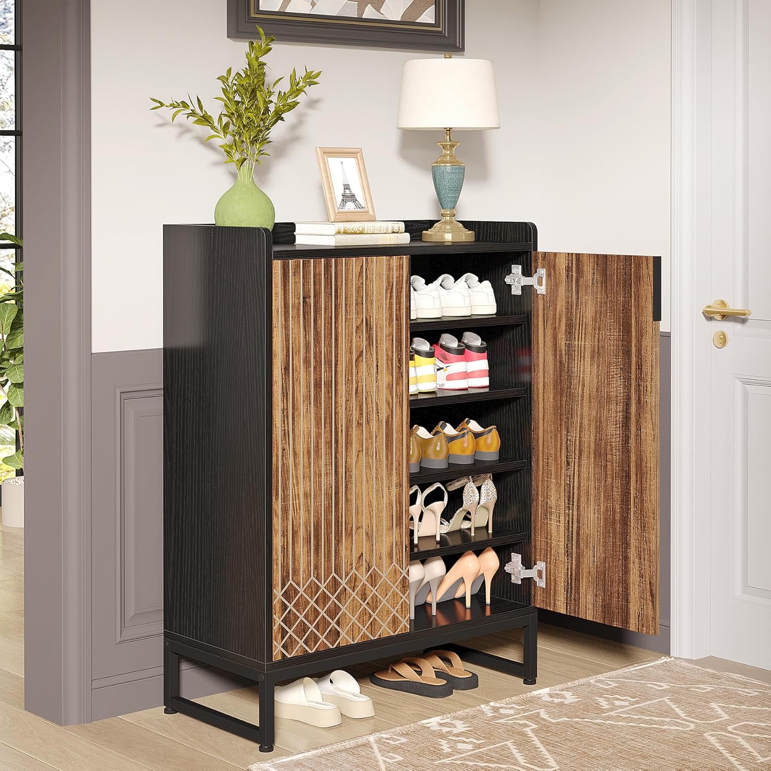 75x35x105 cm moderne schoenenkast, met 2 deuren en 5 laden voor een opgeruimde entree of slaapkamer