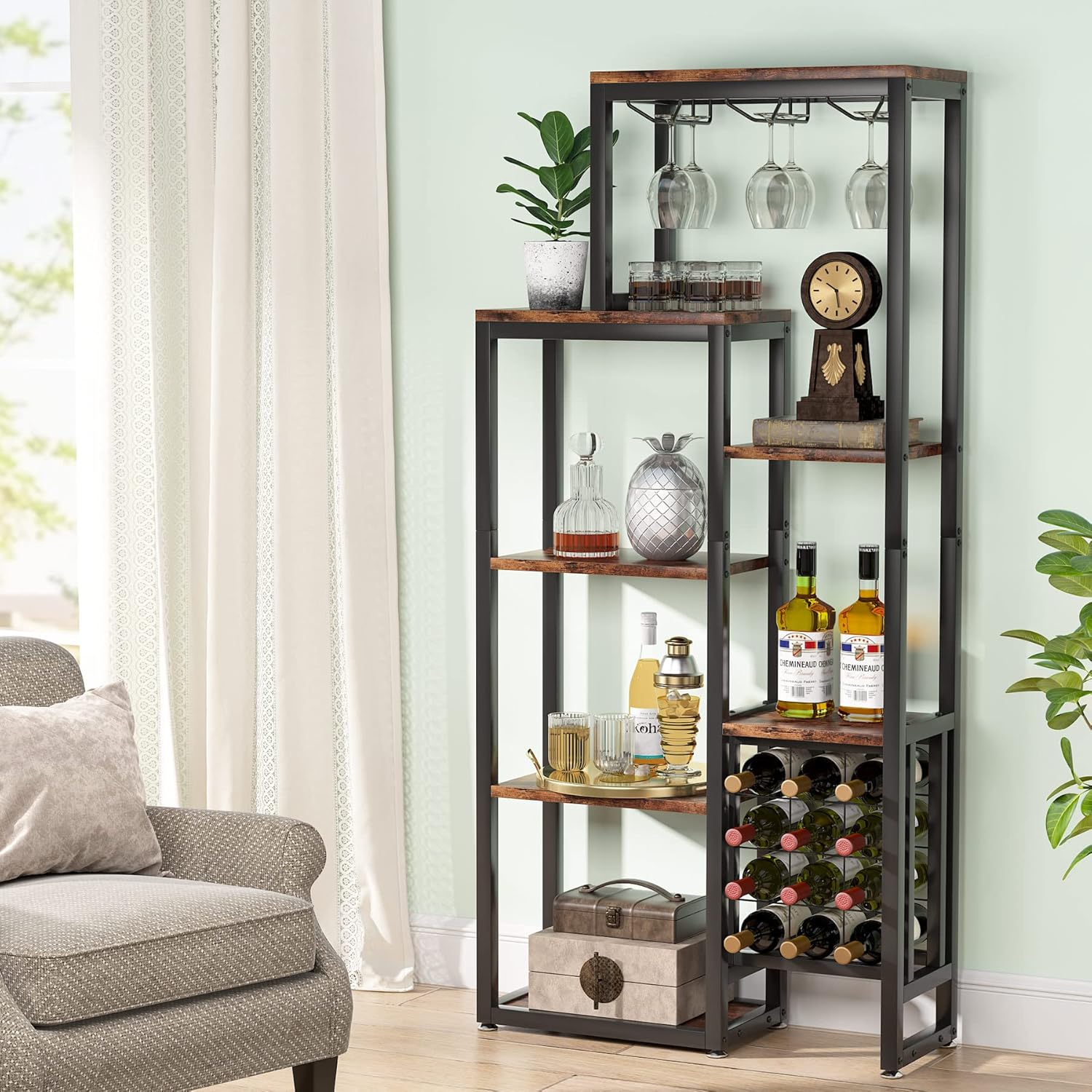 80 cm Vrijstaand Wijnrek, 5 Laags Industrieel Design met Glas Houder in Bruin