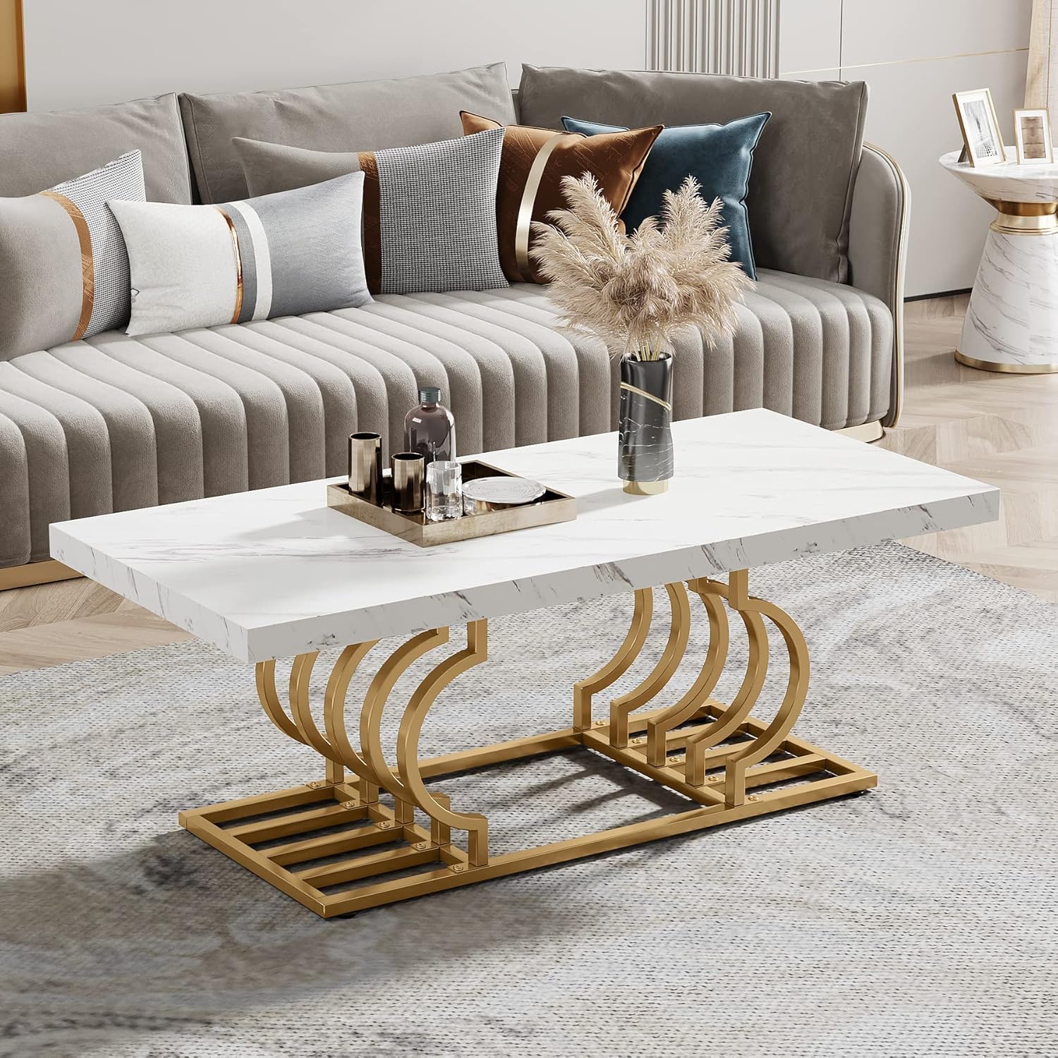 120 cm Moderne Salontafel, Witte Cocktailtafel met Geometrisch Frame en Marmer Print