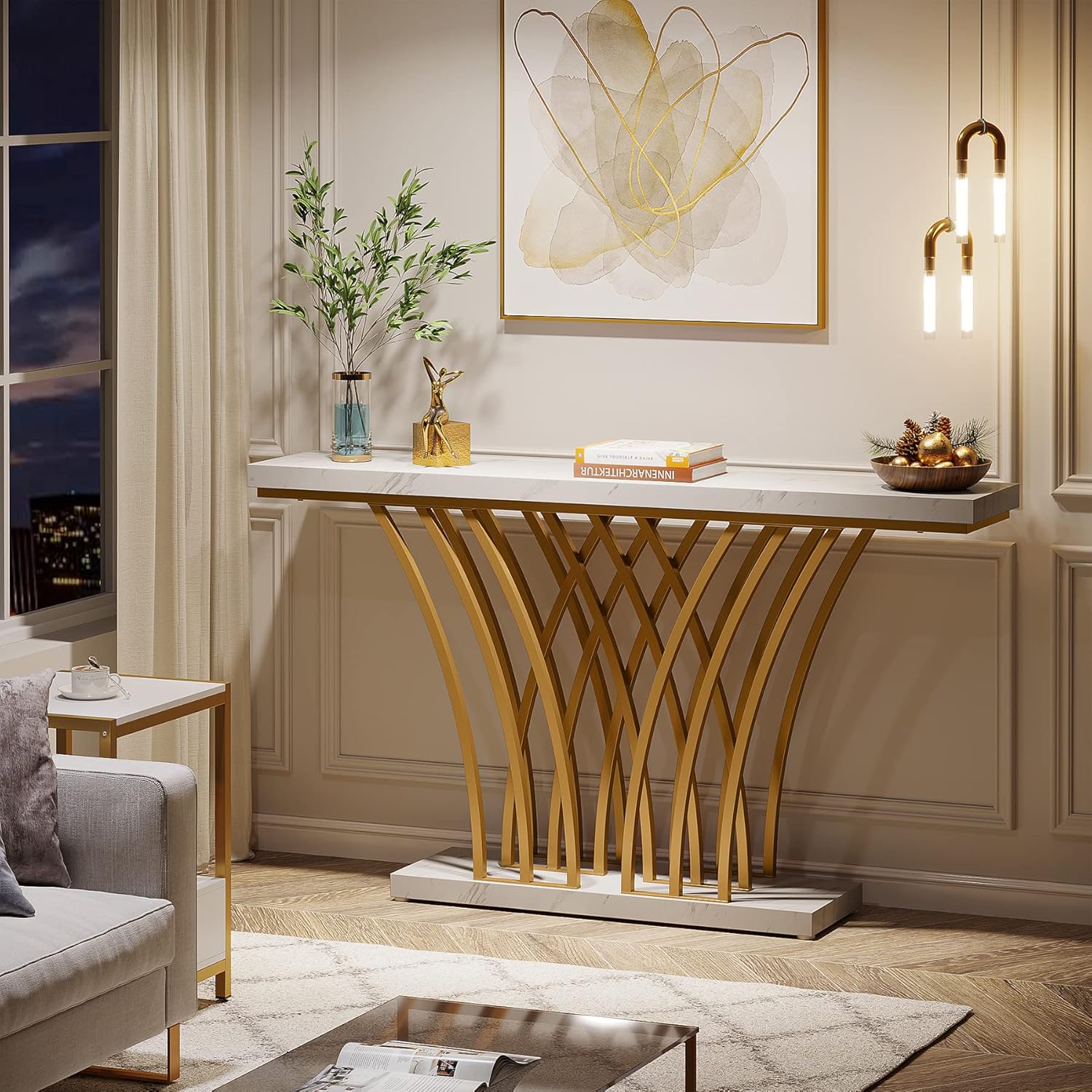 150 cm Gouden Consoletafel, Moderne Entreetafel met Raster Basis voor Hal en Woonkamer