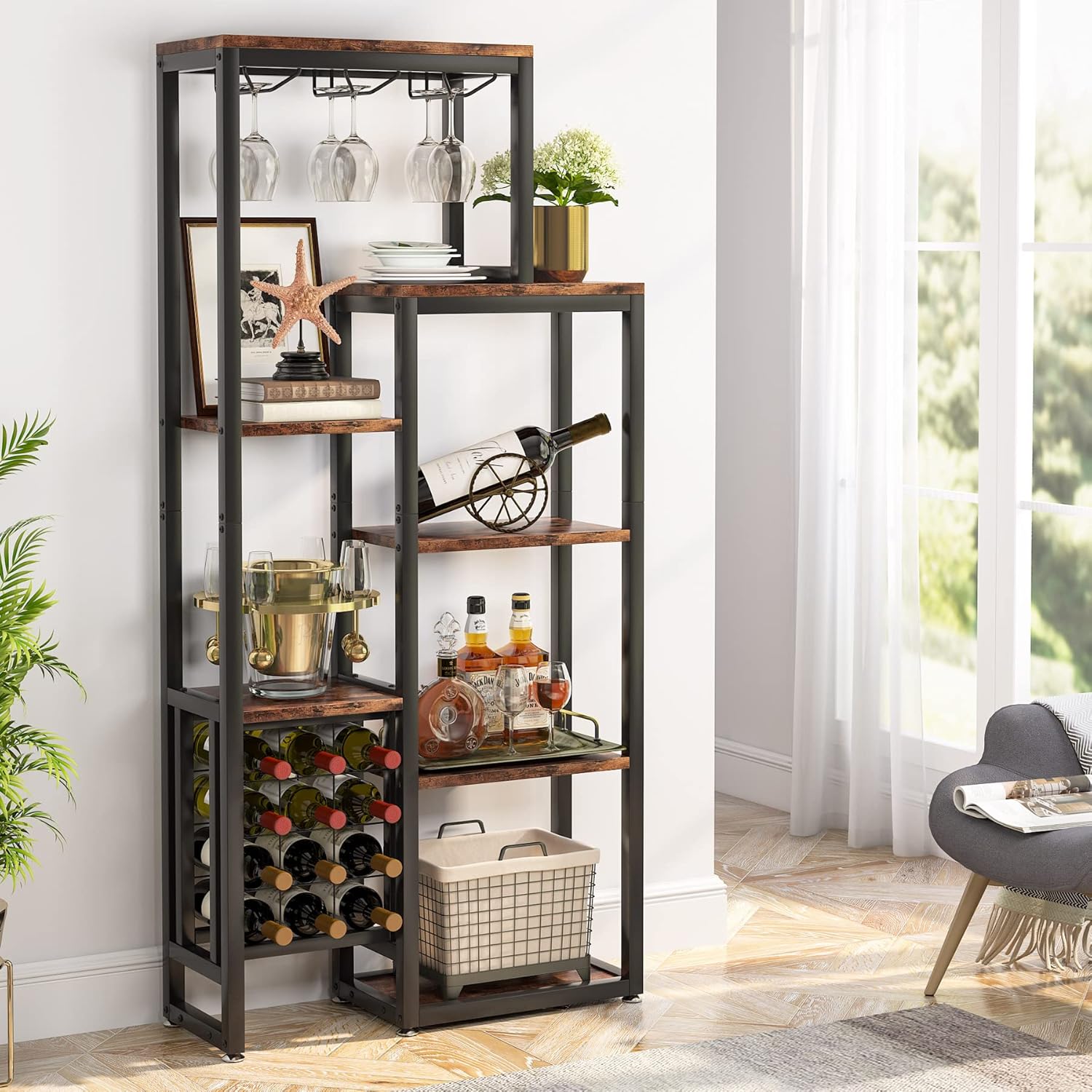 80 cm Vrijstaand Wijnrek, 5 Laags Industrieel Design met Glas Houder in Bruin