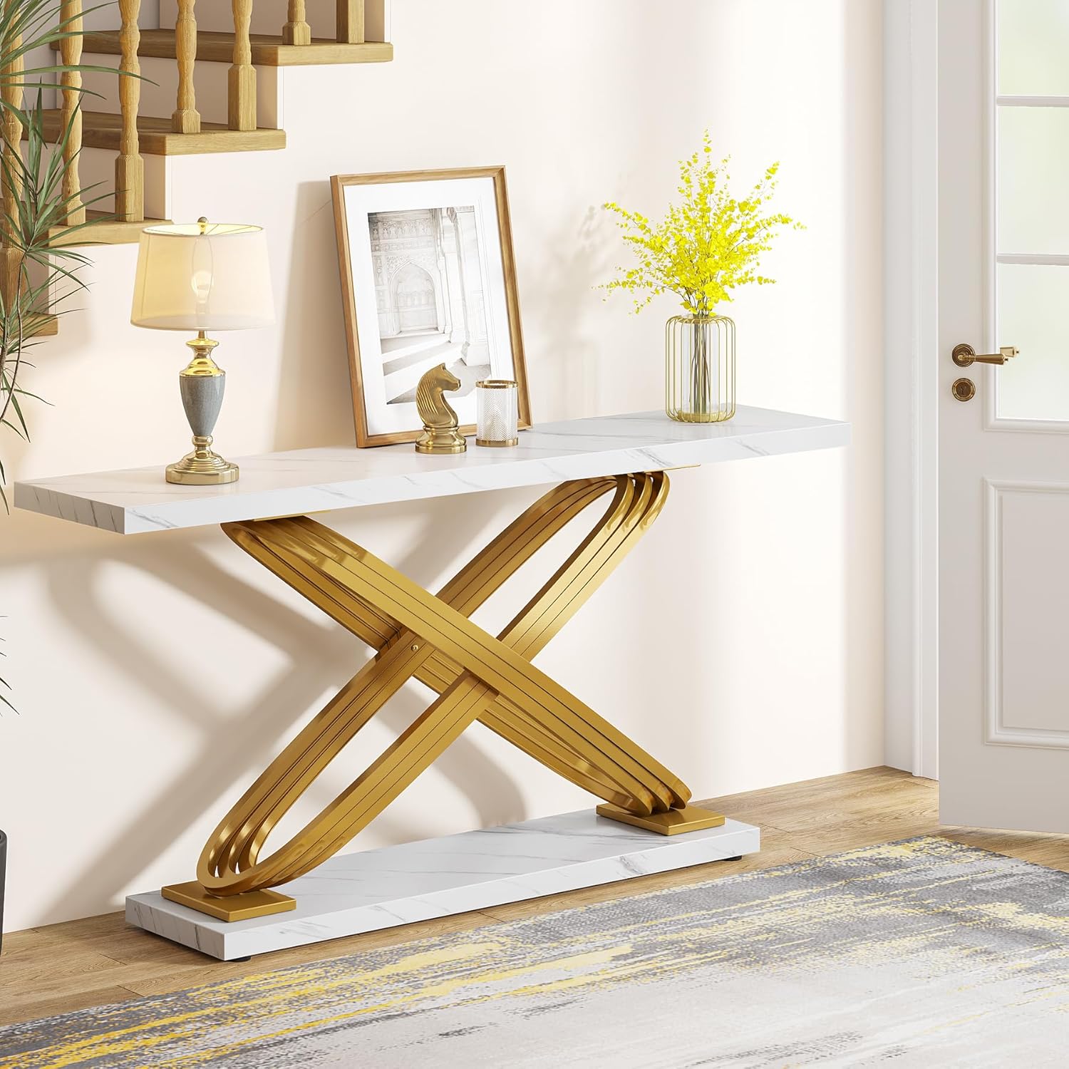 140 cm Moderne Consoletafel, Luxe Faux Marmeren Banktafel in Goud en Wit