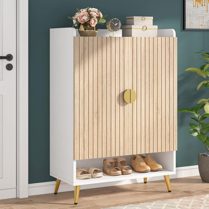 110 cm Schoenenkast, Witte Opbergmeubel met Zeven Planken en Gouden Frame